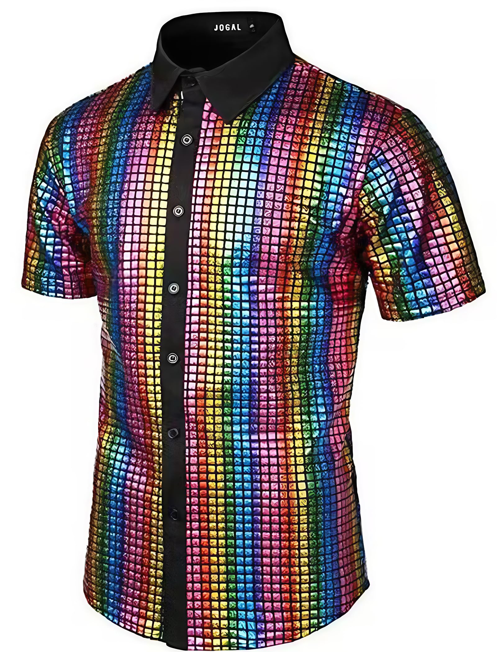 Odizli Herren 70er 80er 90er Jahre Hippie Disco Party Glitzer Pailletten Kurzarm Hemd