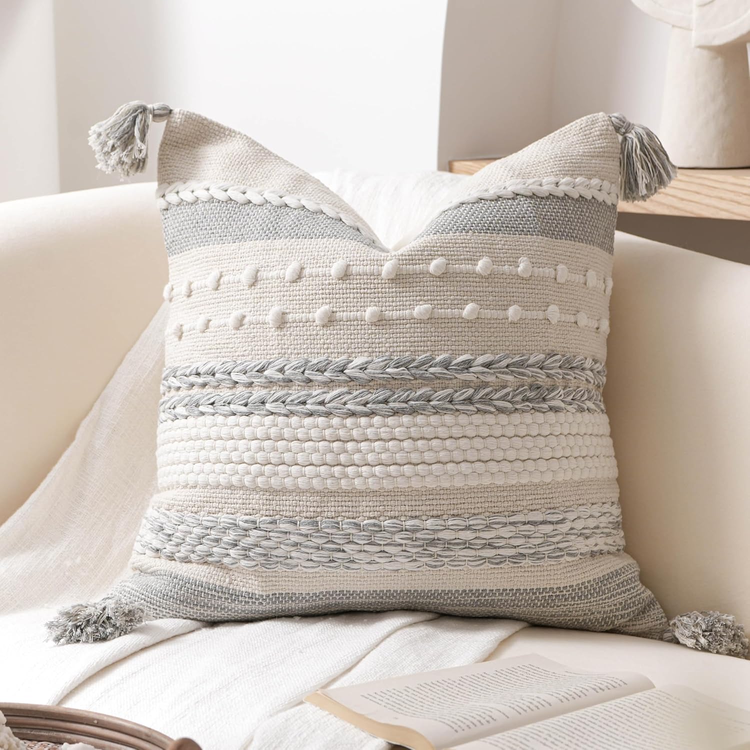 BlissBlush Gray Boho Decorative Throw Pillow Cover 20×20 Square Farmhouse Accent Cushion for Couch Sofa Livingroom Bedroom Pillowcase Modern Home Décor (Pack of 1)