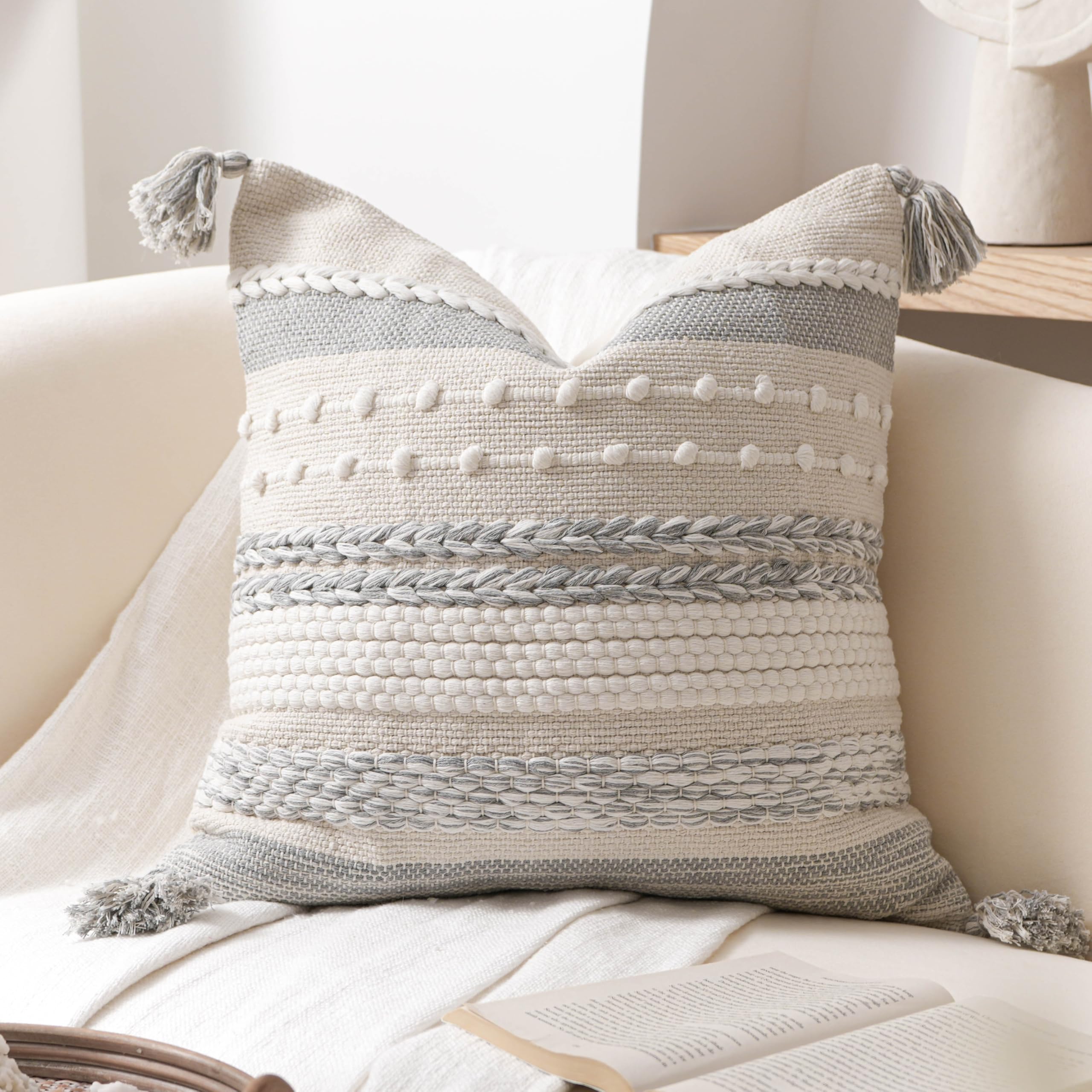 BlissBlush Boho-Kissenbezug, dekorativ, quadratisch, Landhaus-Akzentkissen für Couch, Sofa, Wohnzimmer, Schlafzimmer, modernes Heimdekor, 45,7 x 45,7 cm, Grau, 1 Stück