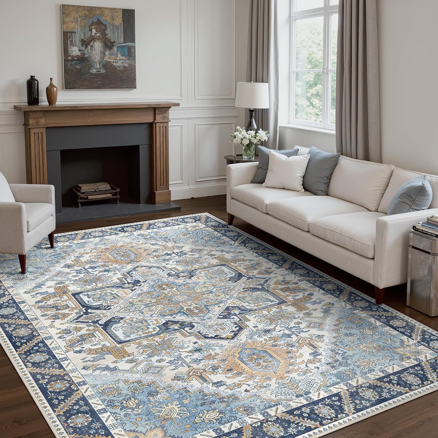 5x7 Area Rug Machine Washable Boho Rug for Living Room,Ultra-Thin Low Pile Carpet,Lightweight Indoor Printed Rug,Non Slip Floral Area Rug for Bedroom, Dining Room, Home Office,Blue