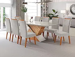 Mesa de Jantar Retangular Pipa com 8 Cadeiras Madeira Maciça Vegas Mel/Marfim/Off White