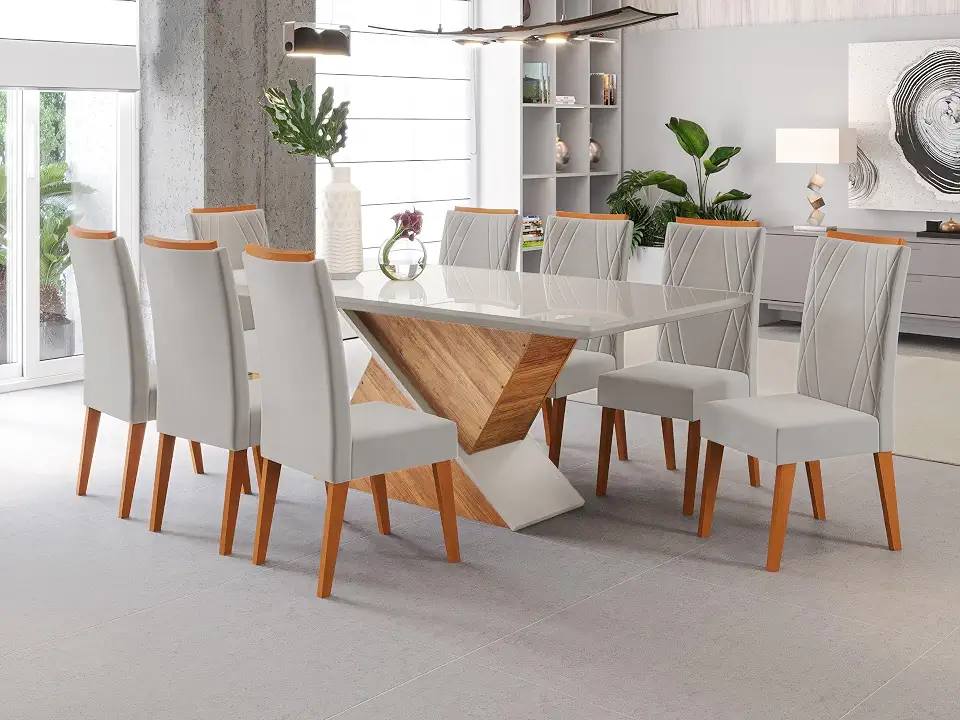 Mesa de Jantar Retangular Pipa com 8 Cadeiras Madeira Maciça Vegas Mel/Marfim/Off White