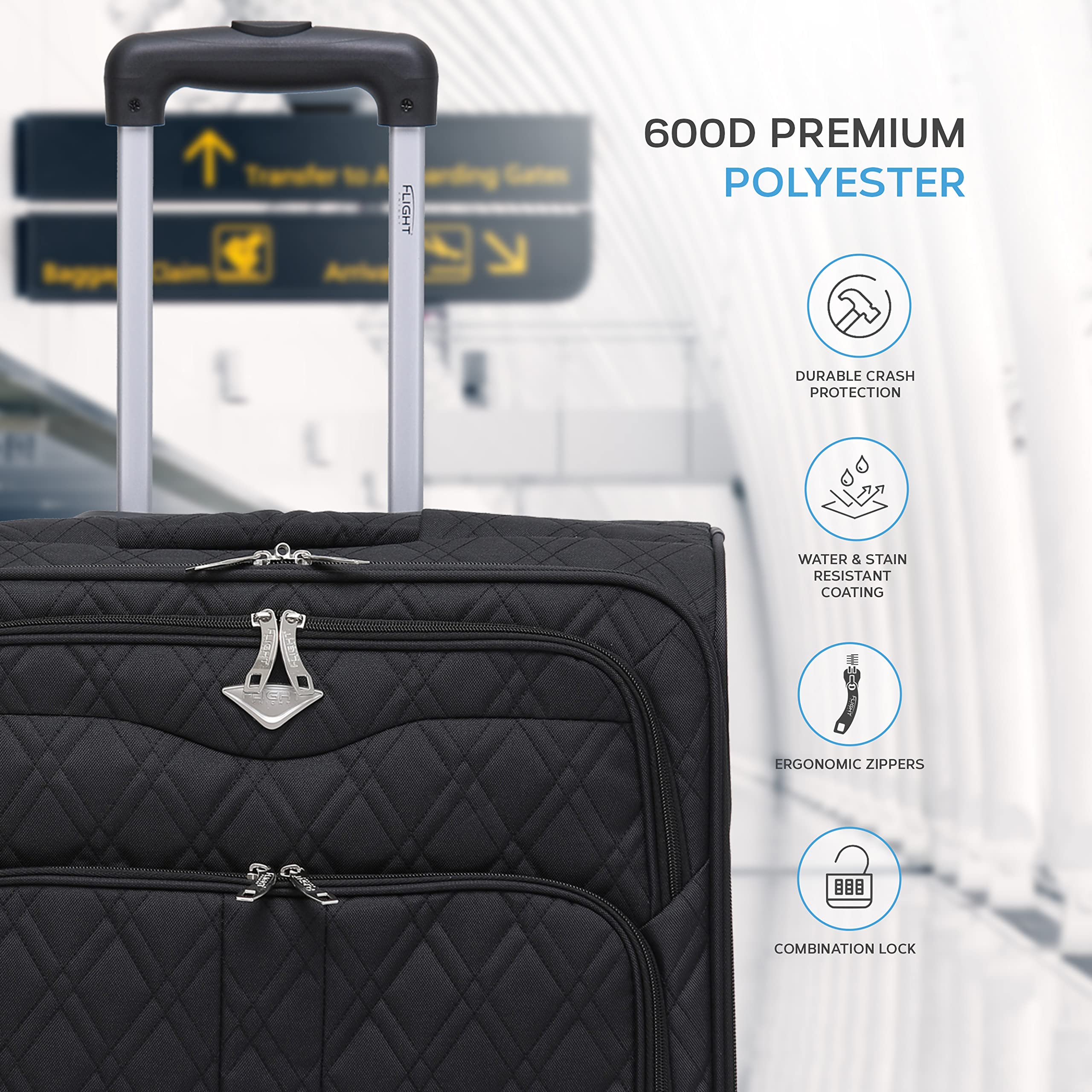 Flight Knight Set of 2 Lightweight 4 Wheel 800D Soft Case Quilted Suitcase Cabin Carry On Hand Luggage Approved for easyJet & BA Maximium Size Overhead Carry On