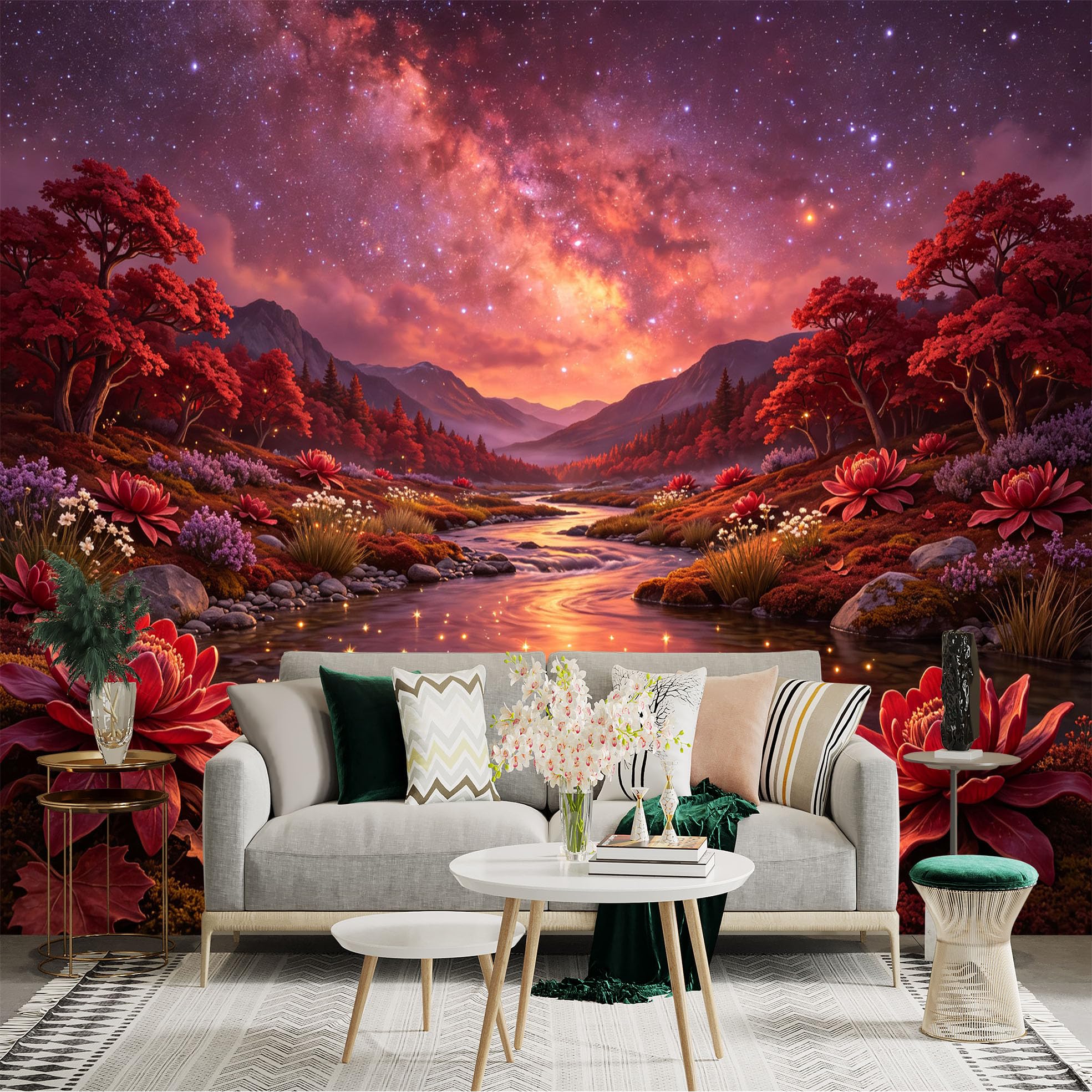 Lnzczhyre Bh260719617 Custom Size Wall Sticker Mural， Dreamy Red Forest River， Glowing Lotus Flowers， Nebula Starry Sky， Serene Landscape， For Wall Decoration， Peelandstick Wall Decals.