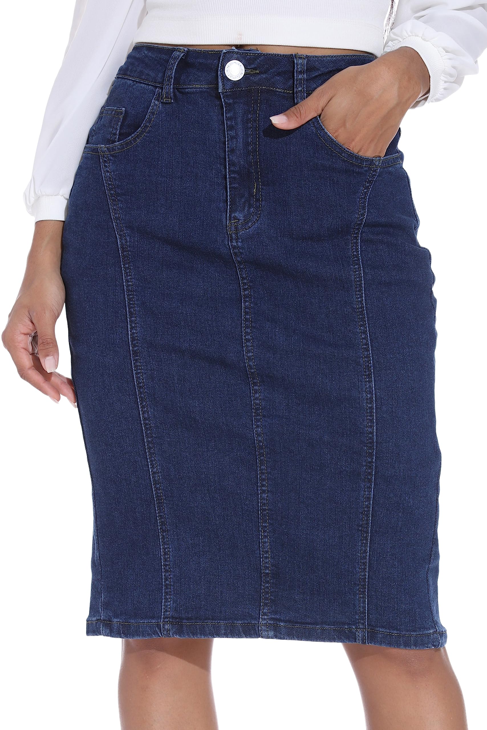GUANYY Jeansrock für Damen, hohe Taille, knielang, schmale Passform, Bleistift-Stretch-Jeansrock