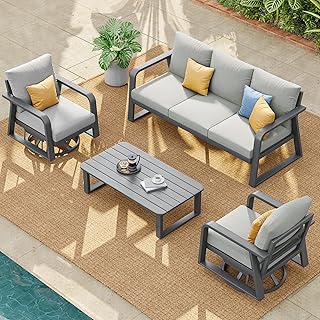Outdoor Patio Furniture Set 4-Piece, Aluminum Swivel Rocking Chairs with All-Weather Cushions, Modern Patio Conversation Set for Deck, Porch, Garden (Dark Grey)
