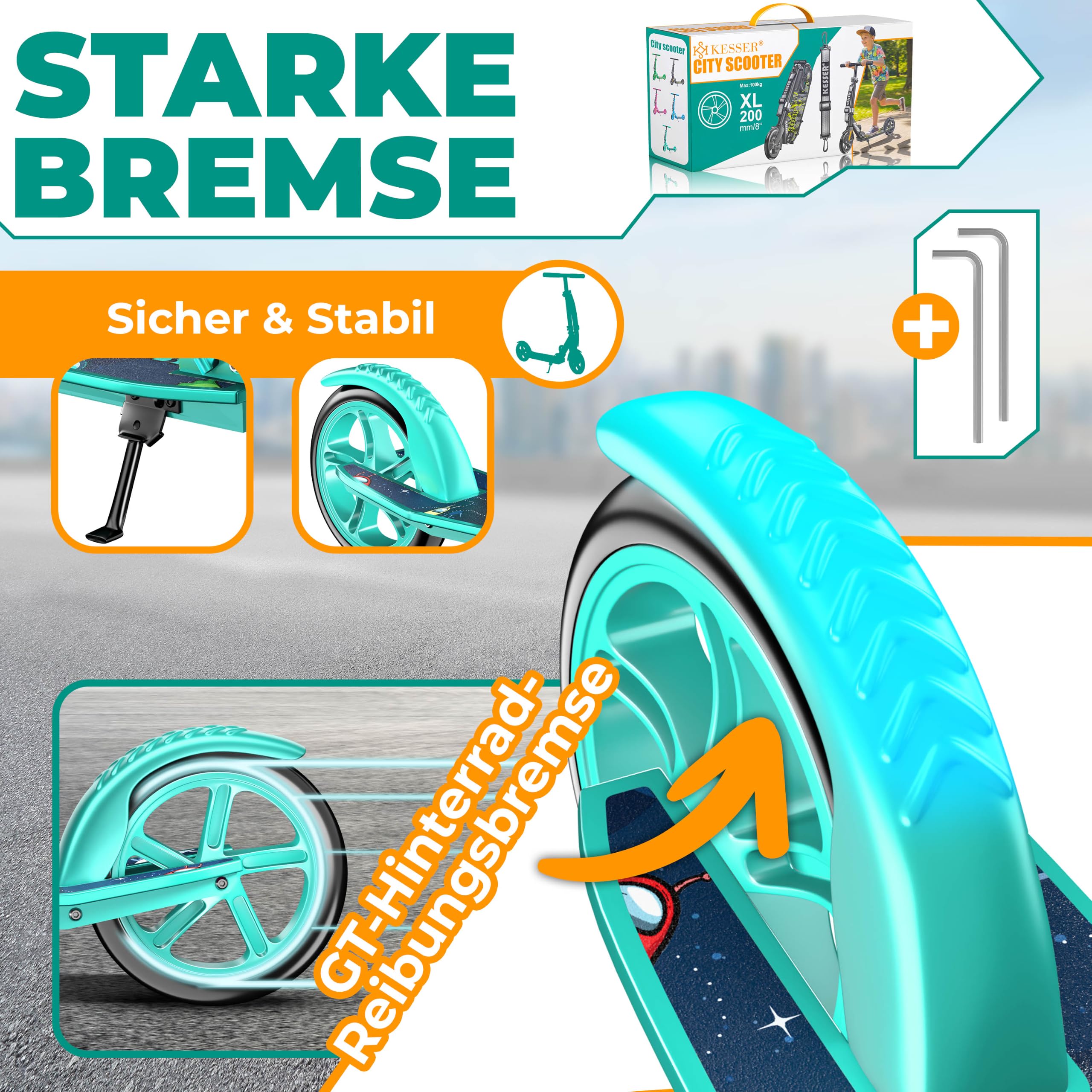 KESSER® Scooter Roller Kinderroller Cityroller Tretroller Kickroller klappbar höhenverstellbar, Kickscooter bis 100kg, Hinterradbremse, rutschfeste Trittfläche, bis 185cm Körpergröße, inkl. Tragegurt