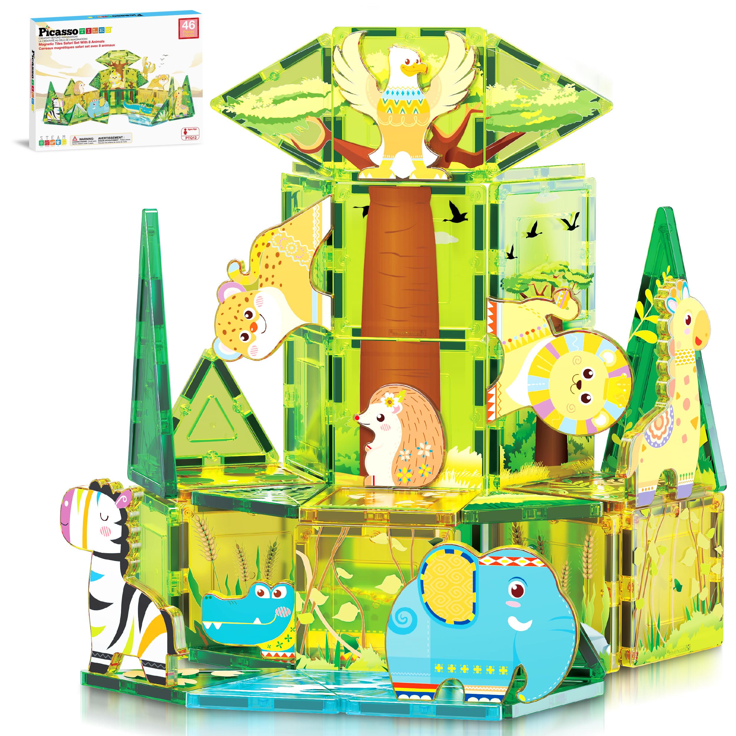 PicassoTiles Magnet Tile Building Block Safari Themed Set with 8 Compatible Magnetized Animal Action Figures Build Blocks Toddler Creativity Toys
