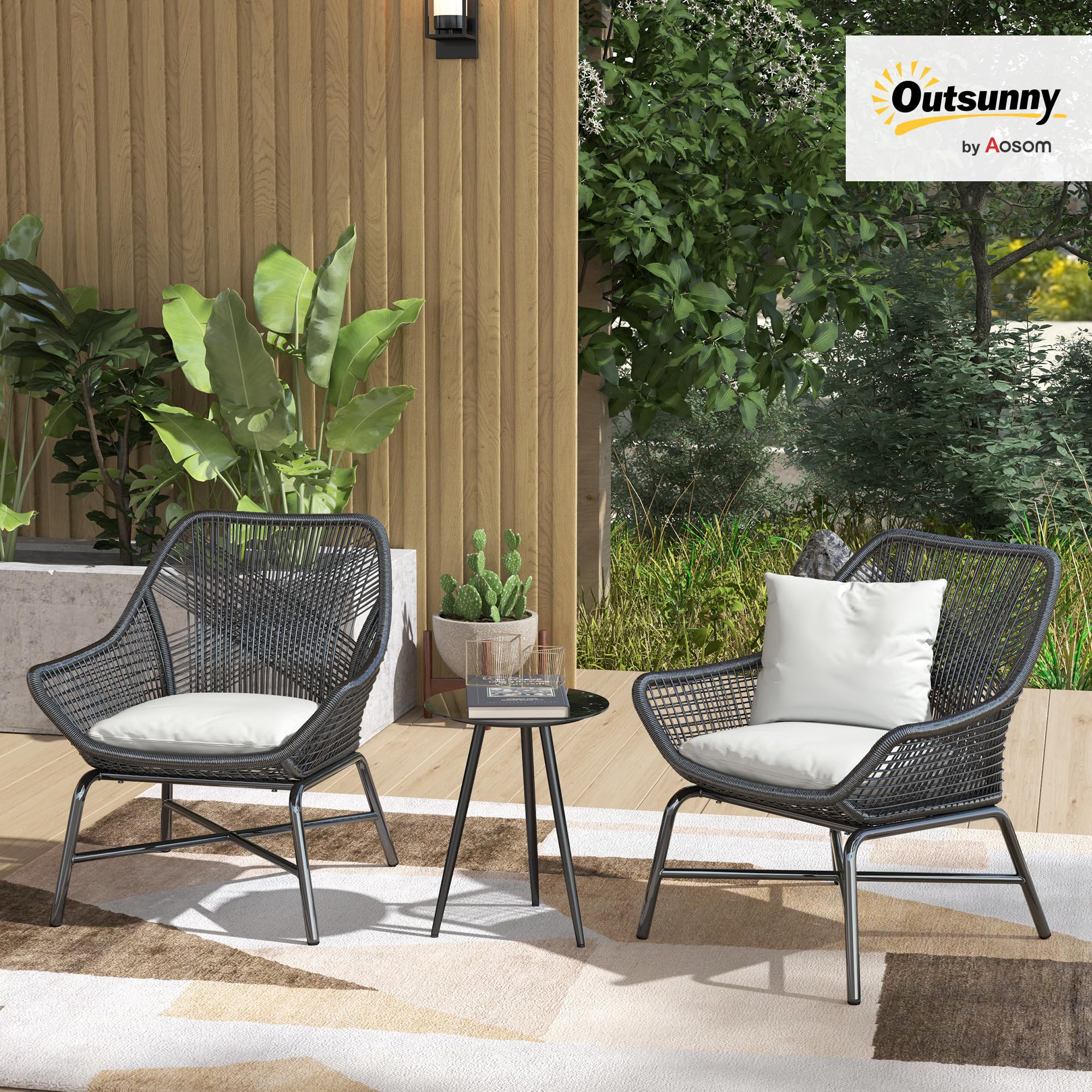 Outsunny Petite Table Basse Ronde, Table d'appoint, Plateau en Verre trempé, Pieds effilés, Cadre en Acier, Table de Jardin pour Balcon, Jardin, terrasse, Salon, Noir