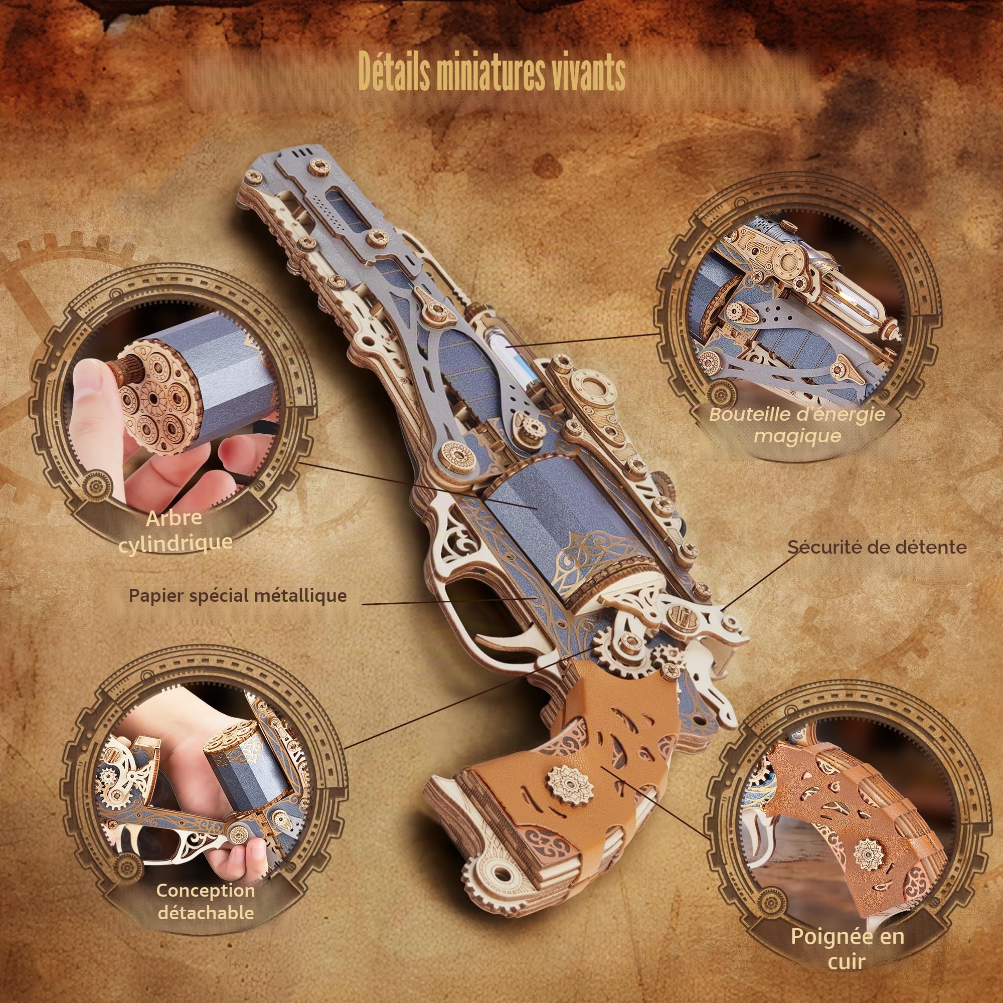 FUNPOLA Puzzle 3D en Bois Revolver Steampunk – Kit d’Assemblage DIY Revolver mécanique, Cadeau créatif et Unique pour Adultes et Adolescents (Noir)