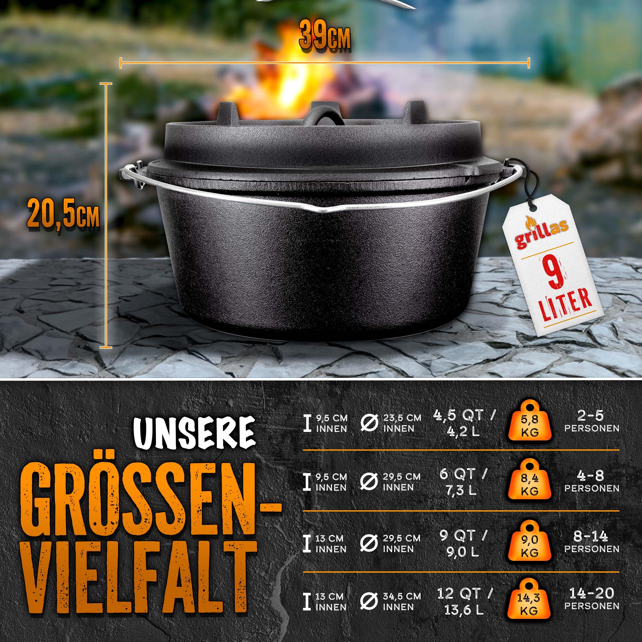 grillas Dutch Oven Set incl. receptideeën, al ingebrand, pre