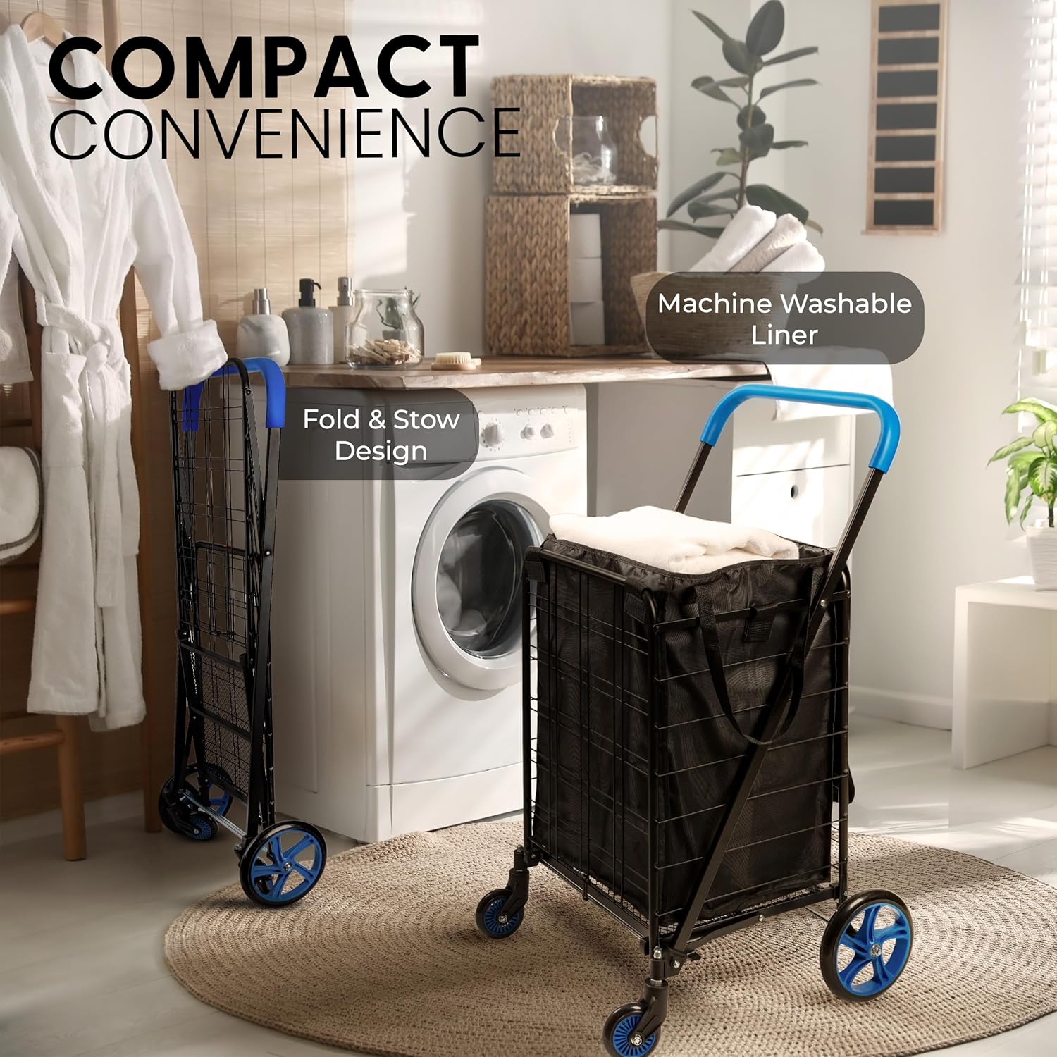 SereneLife Large Folding Utility Shopping Cart with Removable Liner – Heavy Duty, 360° Swivel Wheels, 110 lb Capacity, Portable for Groceries, Laundry, Luggage, and More (Blue)