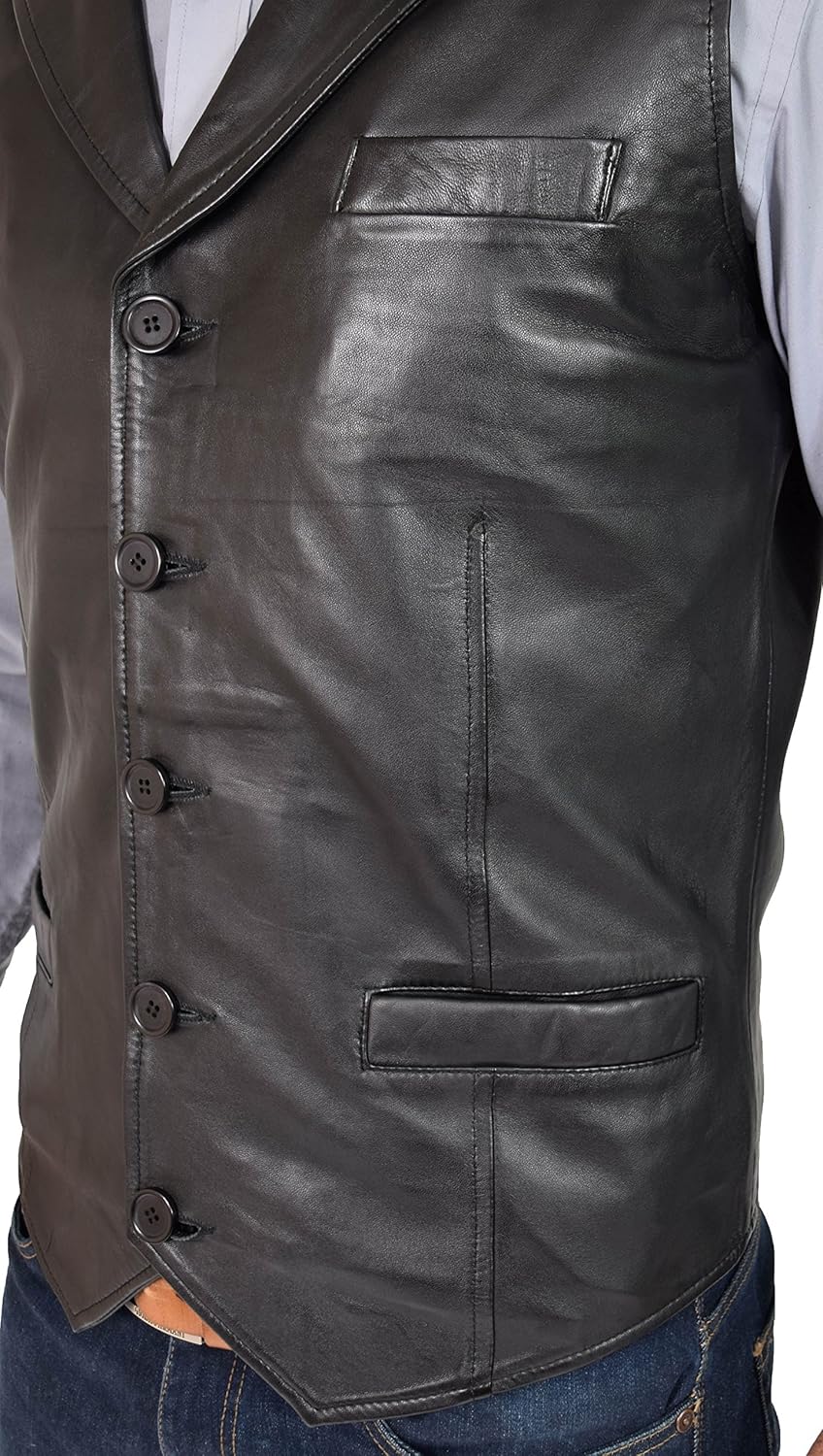Mens Genuine Black Soft Leather Waistcoat Revere Collar Western Vest Yelek Rhys