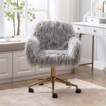 SSLine Faux Fur Vanity Chair Modern Grey Furry Makeup Desk Chairs for Girls Women Elegant Comfy Upholstered Arm Chair with Gold Base in Bedroom Living RoomGrey&Gold