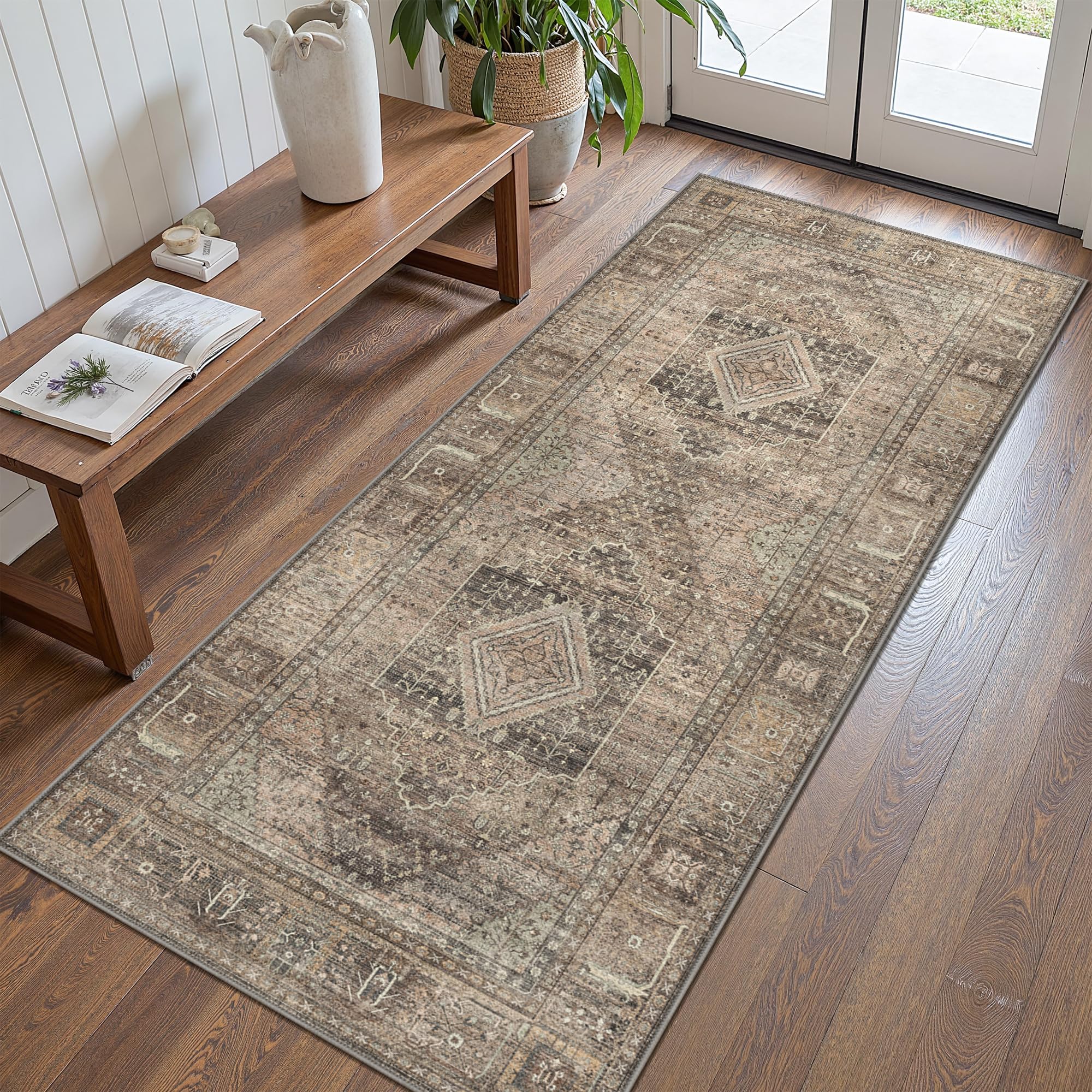 GENIMO Runner Rug for Hallways Machine Washable, 2x10 Non Slip Boho Vintage Lightweight Washable Runners, Thin Floor Rugs for Entryway Hallway