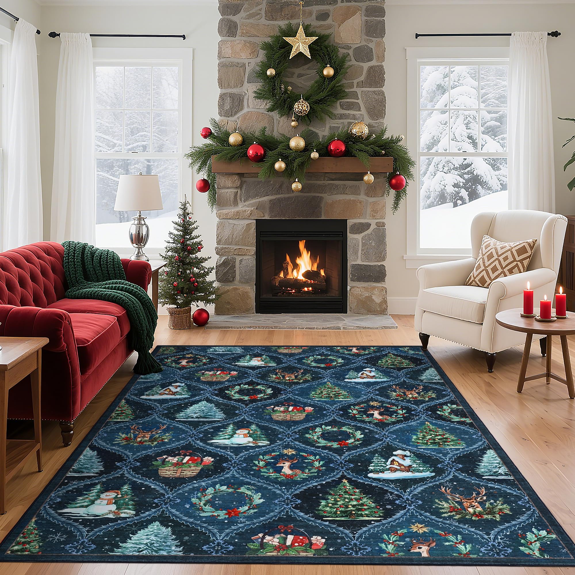 LuxFocus Christmas Living Room Rug 160x230 cm, Vintage Grid Design, Blue