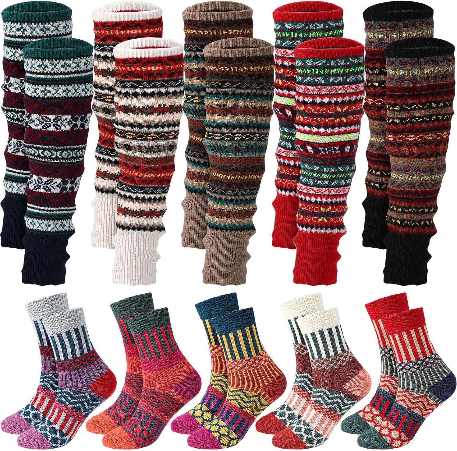10 Pairs Bohemian Knitted Long Wool Leg Warmers and Thick Warm wool Socks Set for Women and Girls Winter Cold Day