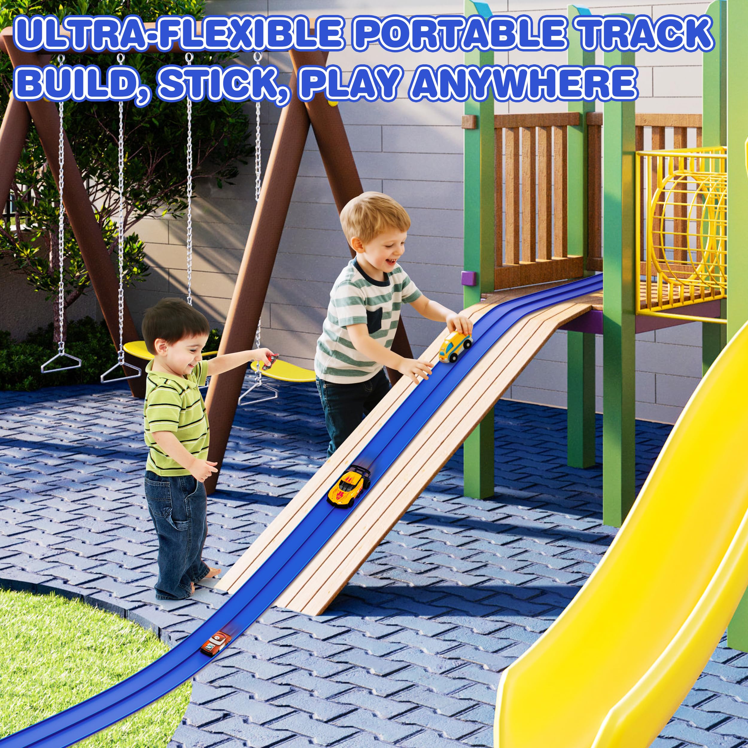 Rampa flexible de 16 pies para niños de juguete con ventosas, compatible con autos fundidos a presión 1/64, carreras, portátil, regalos de fiesta para niños de 3 a 10 años (azul carrera) 7