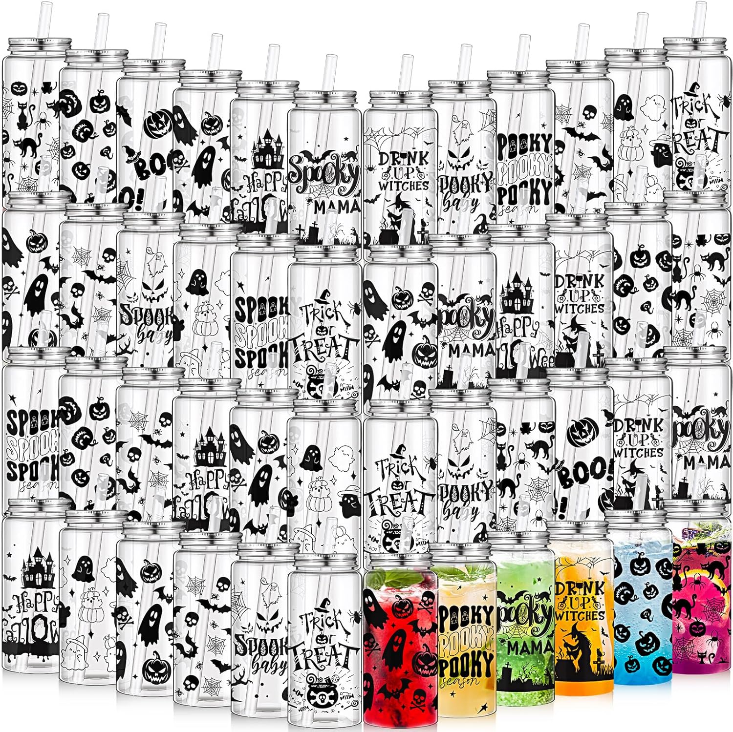 Pickmesh 48 Pcs Halloween Cups 13.5 oz Ghost Spooky Plastic Cups with Lids and Straws Bulk for Halloween Party Supplies Pumpkin Skinny Drinking Tumblers Mugs Gifts for Women