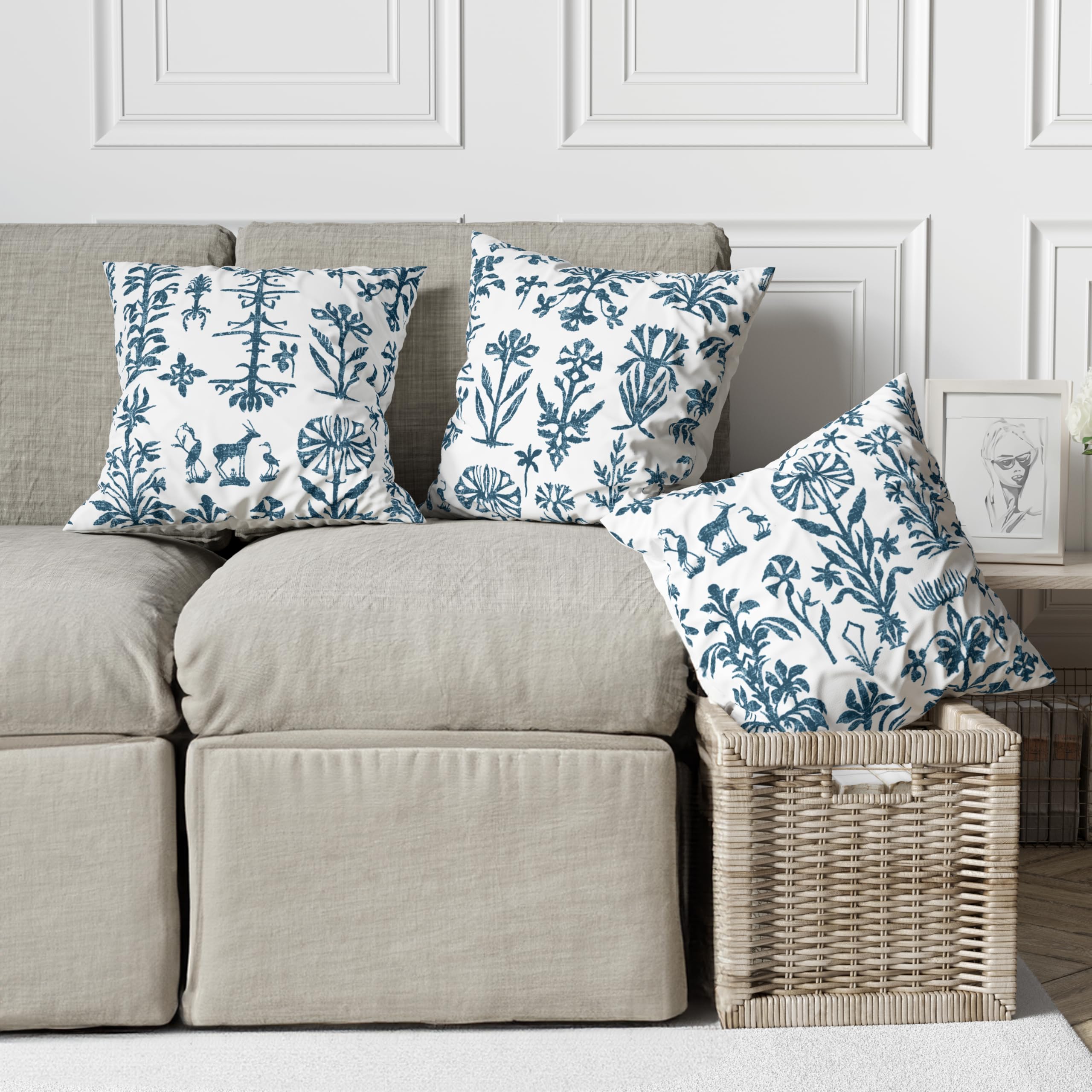 Tranquebar Curtain Co. Cotton Cushion Covers, Printed (ITI-Blue-Grey) Set of 3-16 inch x 16 inch