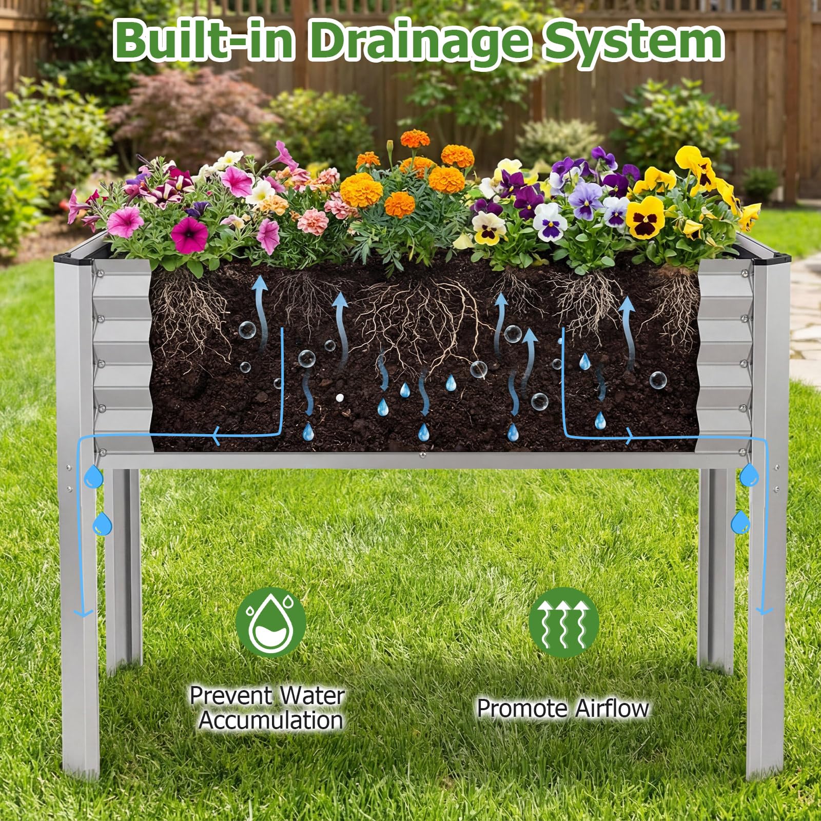 FANTASK Jardinière surélevée en métal - 118 x 60 x 77,5 cm - avec système de Drainage jusqu'à 50 kg - pour légumes, Fruits, Fleurs, Herbes, Balcon, Jardin, terrasse - Argenté