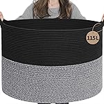INDRESSME 115L Extra Large Cotton Rope Blanket Basket, Woven Basket for Toy Storage Organizer & Laundry Toy Box for Living Room Area & Nursery Room, Black & Grey