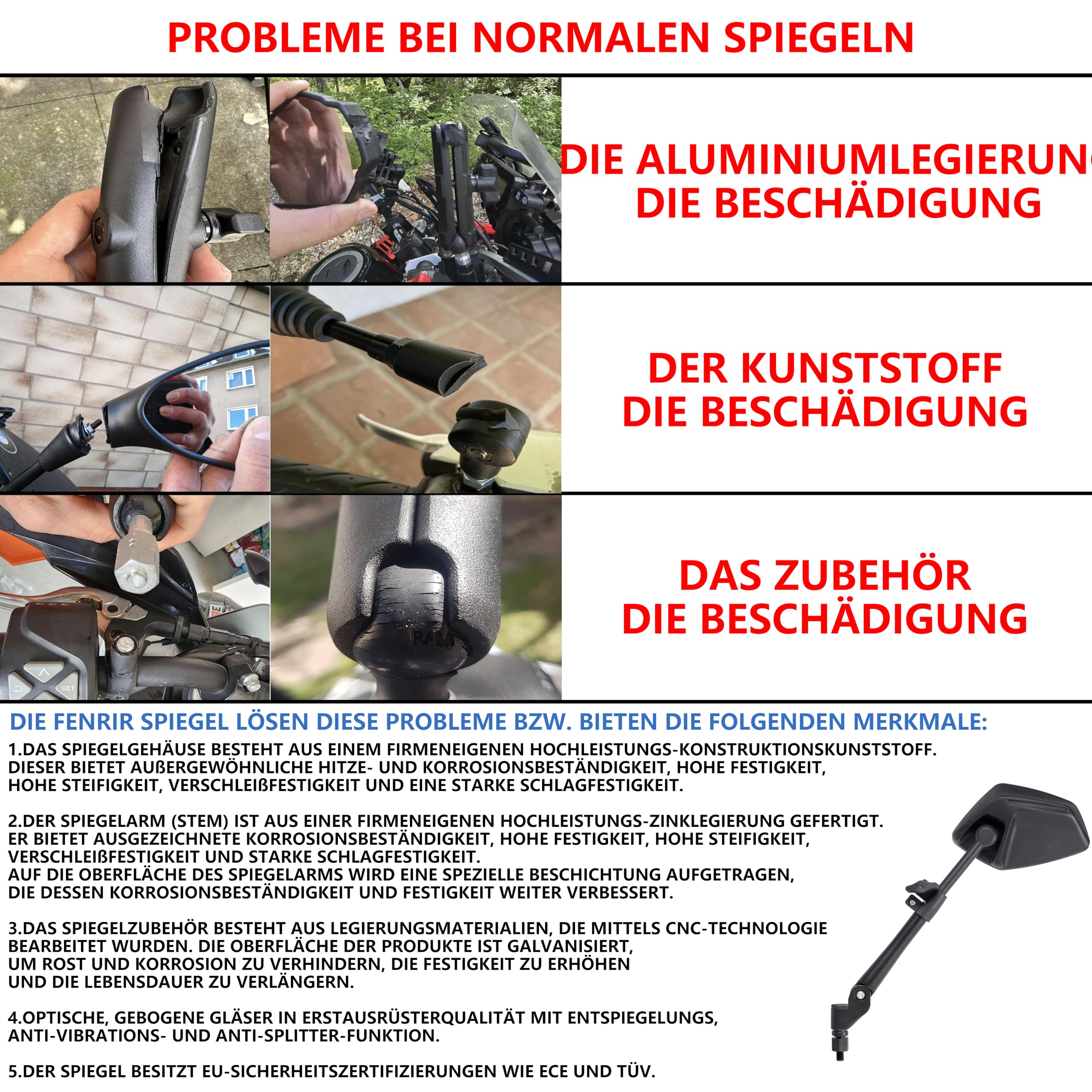 FENRIR E Geprüft Motorrad Spiegel Seitenspiegel Rückspiegel Unzerstörbar Faltfunktion Blendschutz Gebogene Linsen Anti-Vibrations Einstellbar kompatibel mit Off-road Enduro Adventure Tourer(801-0118)