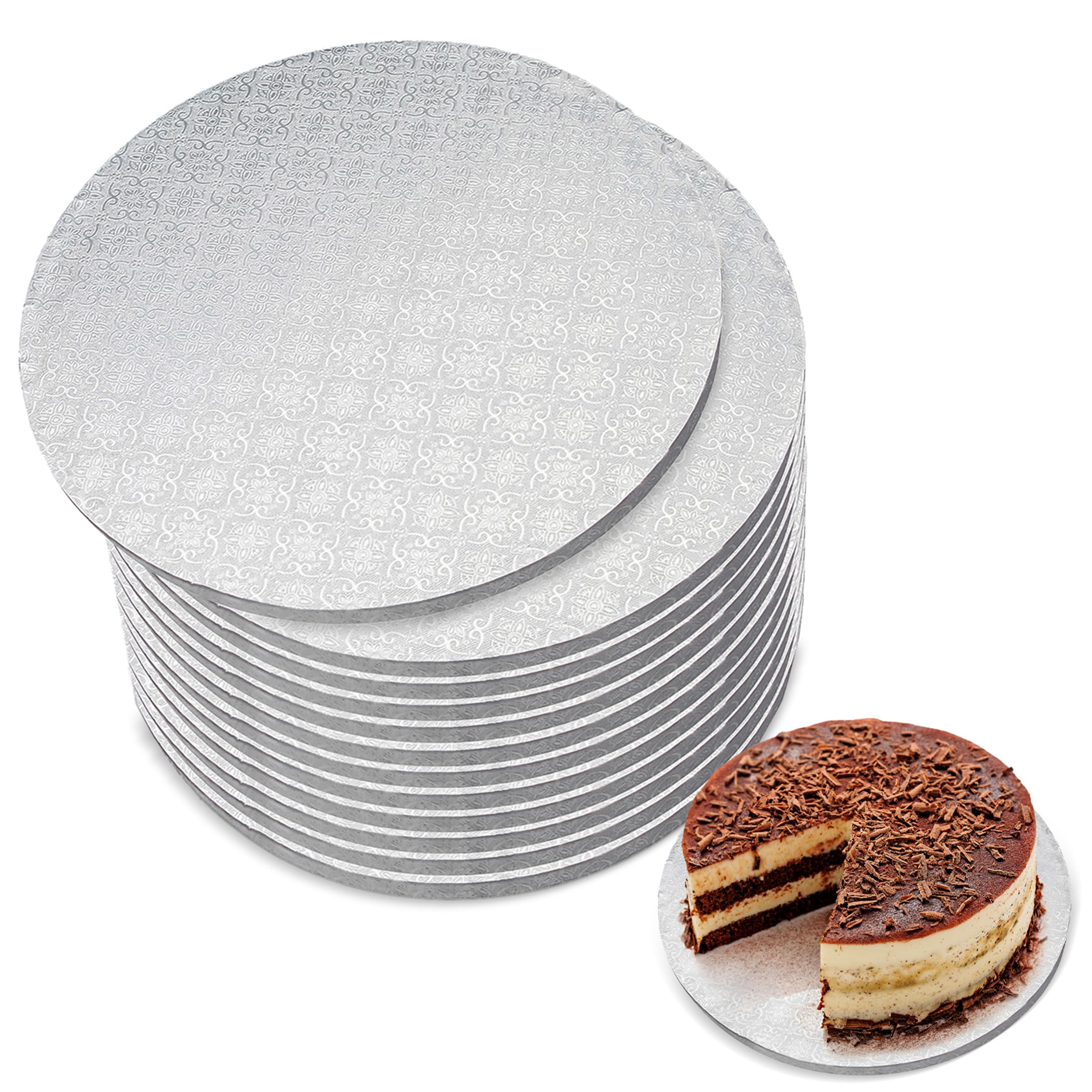 Spec101 Round Cake Boards Bulk 12pk - 10 Inch Cake Drum Round White Cardboard Base with 1/2 Inch Thick Smooth Foil Edge