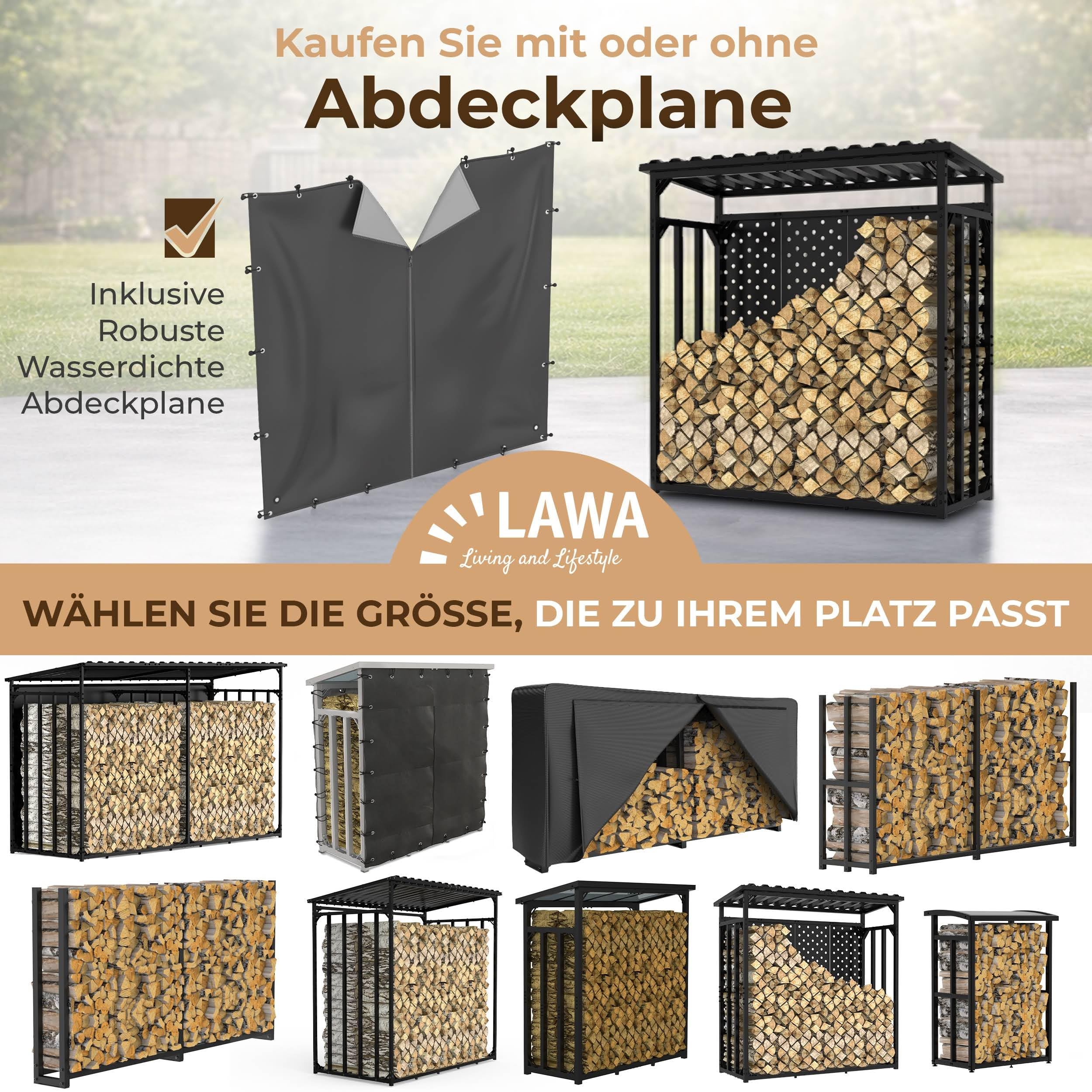 Kaminholzregal mit Rückwand außen 187x88x186 | verzinkt Metall Garten Holzregal Stapelhilfe mit Abdeckplane XXL Feuerholz Unterstand Metall Dach mit Wetterschutz