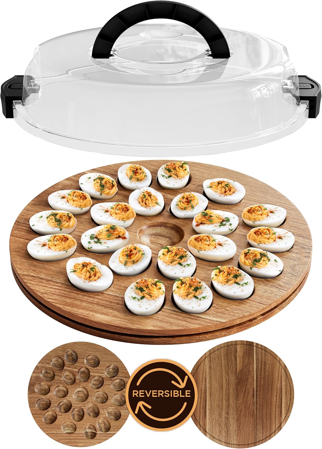 Trauful Deviled Egg Carrier with Lid and Handle | Reversible | Wooden Portable Deviled Egg Containers with Lid for Party Travel | Covered Platter Tray Holder | Holds 22 Eggs, Acacia Wood