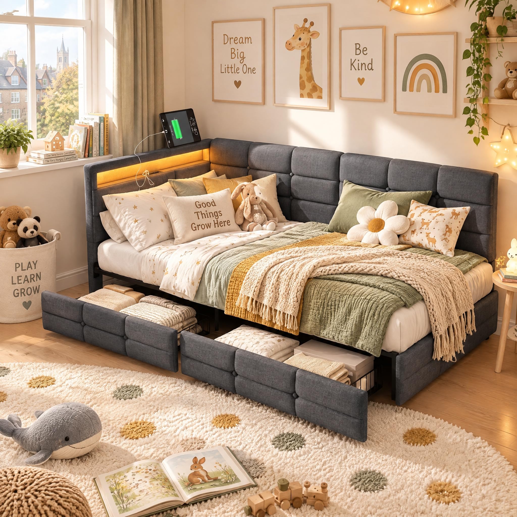 KOOPMAD Single Bed Frame 90×190 with RGB Light and USB,L-shaped Upholstered Bed,Storage Bed with 2 Drawers,3ft Kids Bed for Kids Teens Bedroom,Linen, Grey (No Mattress)