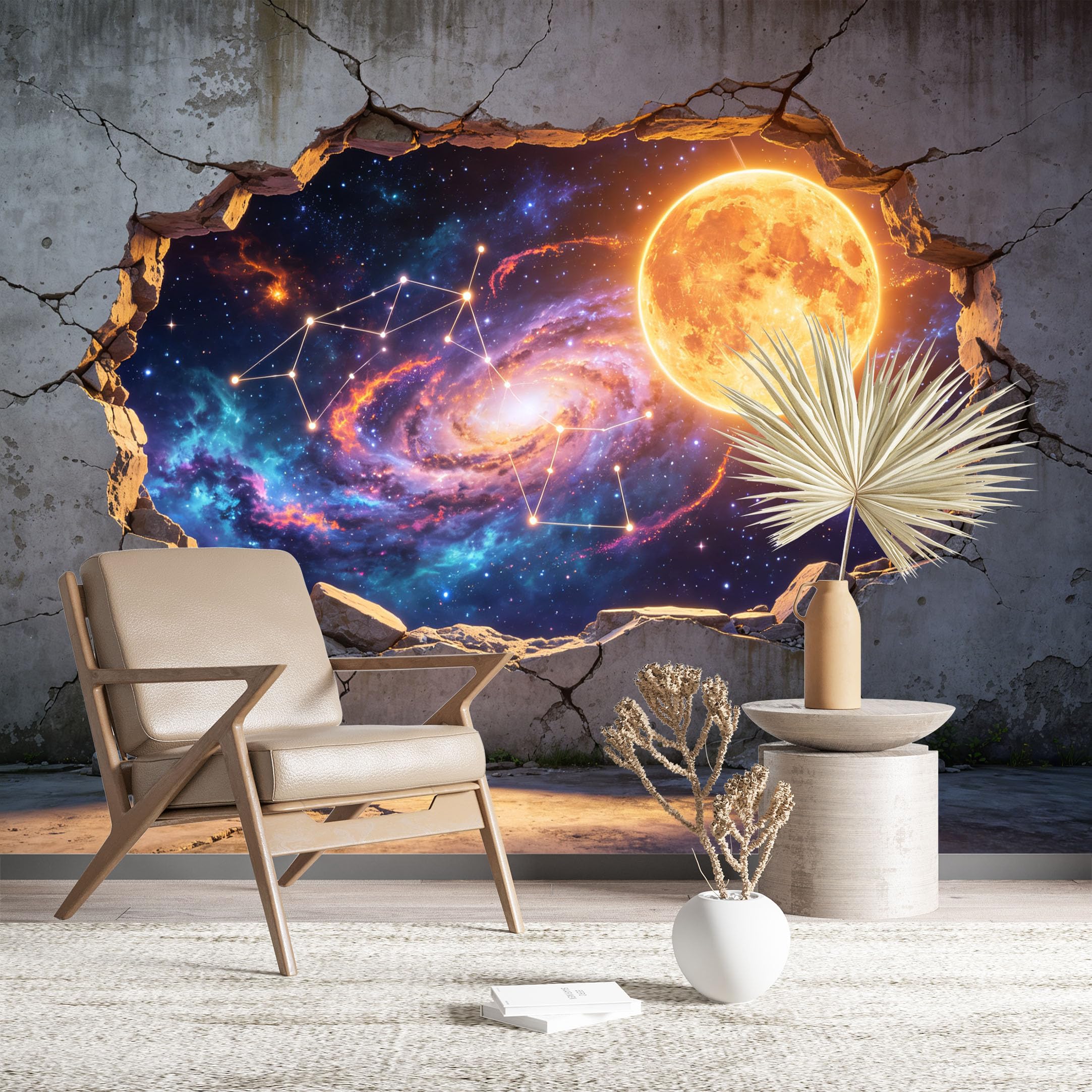 Custom Size Wall Murals Galaxy Through Cracked Wall Wall Murals Space Wallpaper HD Self-Adhesive Removable Wallpaper for Living Room Bedroom