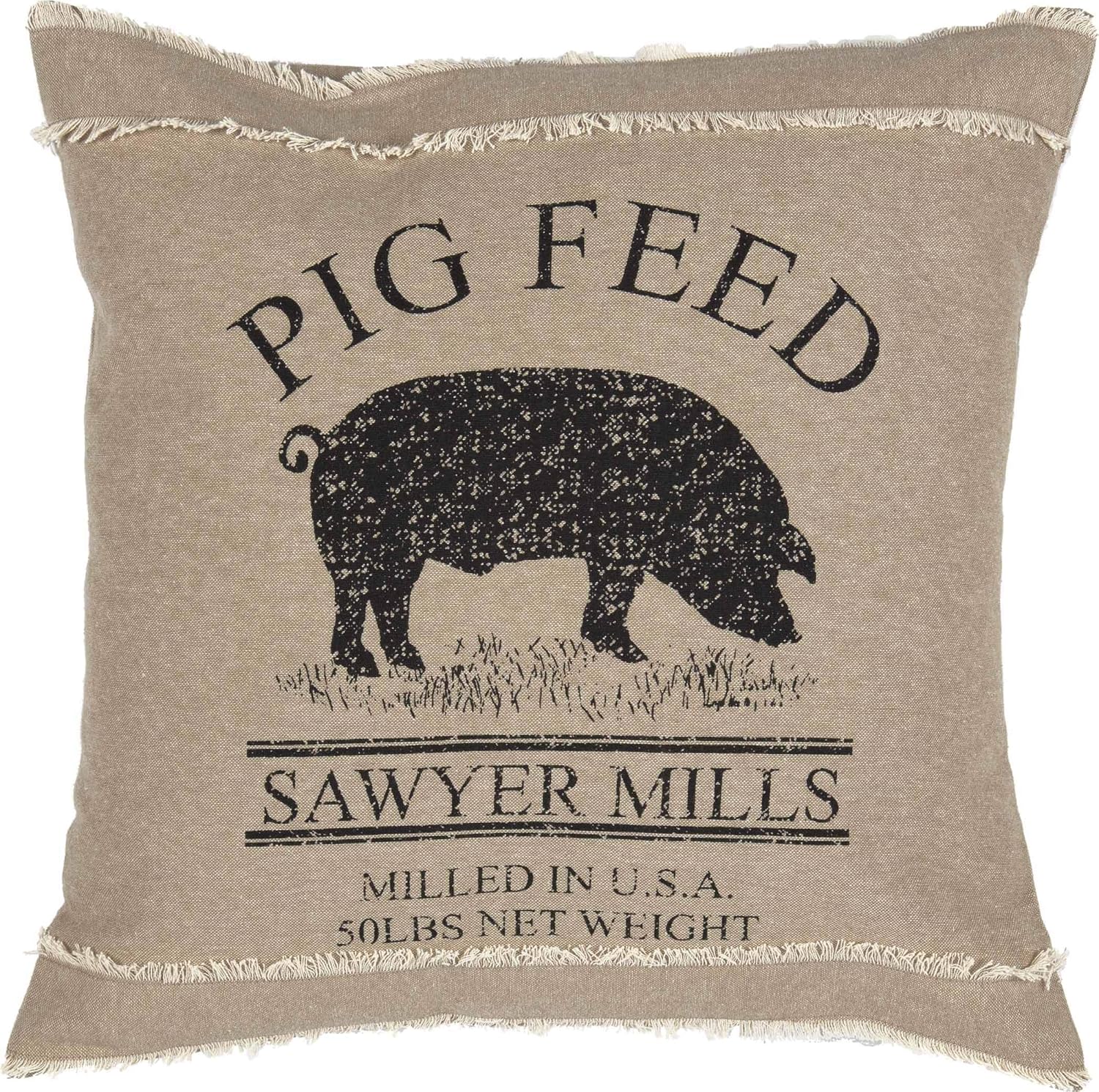 VHC Brands Sawyer Mill Pig Nature Print Chambray Cotton Farmhouse Bedding Stenciled Square 18x18 Filled Pillow, One Size, Khaki Tan