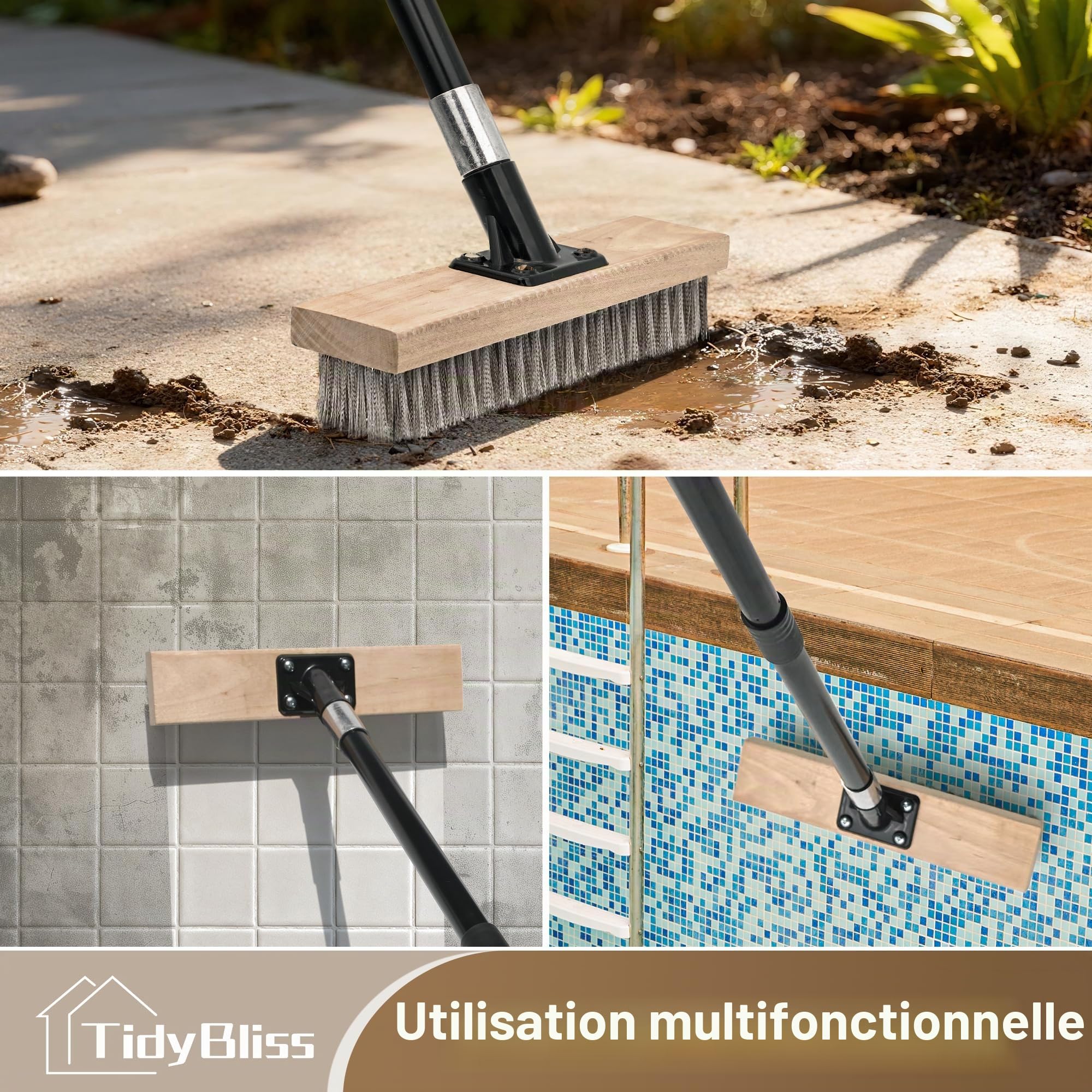 TidyBliss Balai Toiture Exterieur Terrasse Acier Inoxydable avec Long Manche, Robuste Brosse Metallique Élimination des Mousses Extérieures sur Sols en Béton Jardins Patios Toits Briques Garages