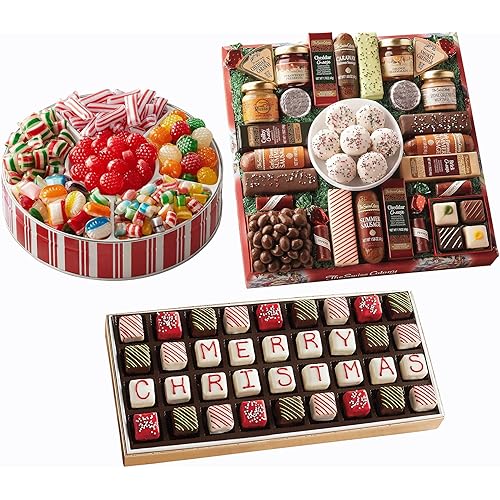 The Swiss Colony 27 Favorites Food Gift Box - Assorted Cheeses, Chocolates, and Summer Sausage Meats with Merry Christmas Petits Fours Mini Layer Cakes with Traditional Old Fashioned Candy Assortment