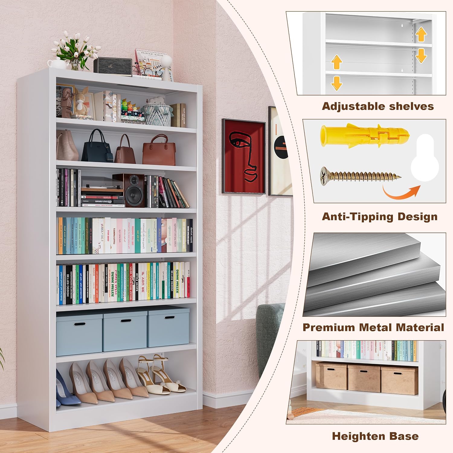 Metal Shoe Storage Cabinet, 7 Tier Shoe Cabinet with Adjustable Open Shelves, 55" H Freestanding Shoe Organizer Cabinet for Entryway, Hallway, Living Room, Office (White)
