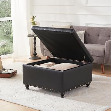Kingfun Square Ottoman Coffee Table, Large Leather Ottoman with Storage Tufted Upholstered Bench, Oversized Footrest for Living Room, Black