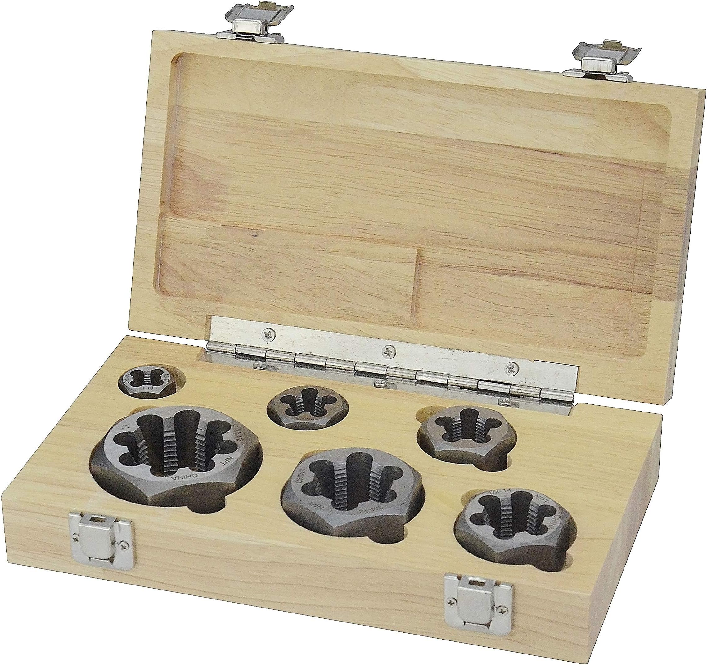 Drill America - DWTHXNPT-Set 6 Piece NPT Pipe Die Set, 1/8", 1/4", 3/8", 1/2", 3/4" and 1", Rethreading, Carbon Steel, Wooden Case