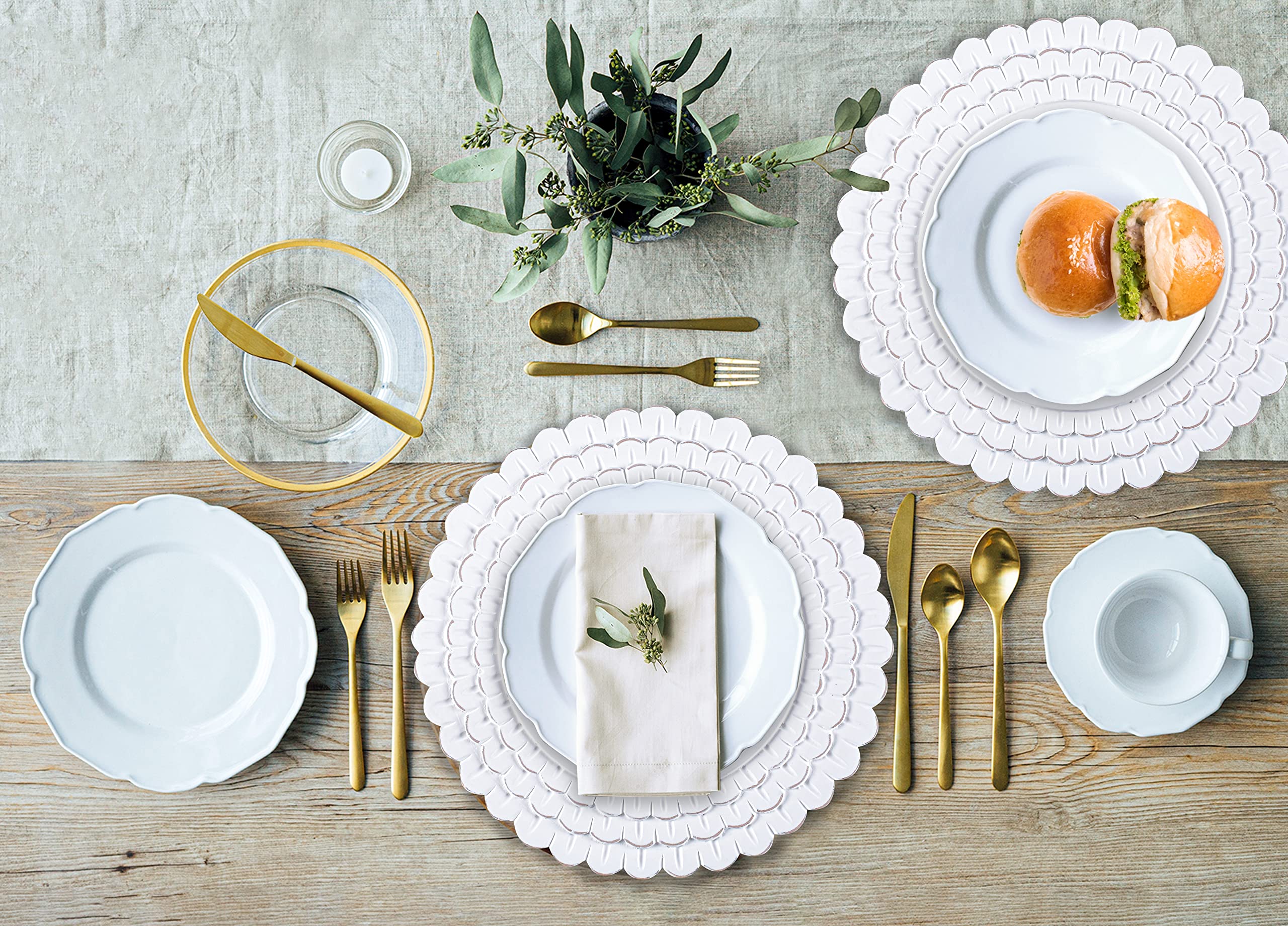 White Wood Charger for Dinner Plates Set of 2 - Decorative Scalloped Design 13 Inch Round Wooden Placemat for Dining Table Décor/Family Gathering/Wedding/Christmas/New Year/Party/Events & Everyday Use