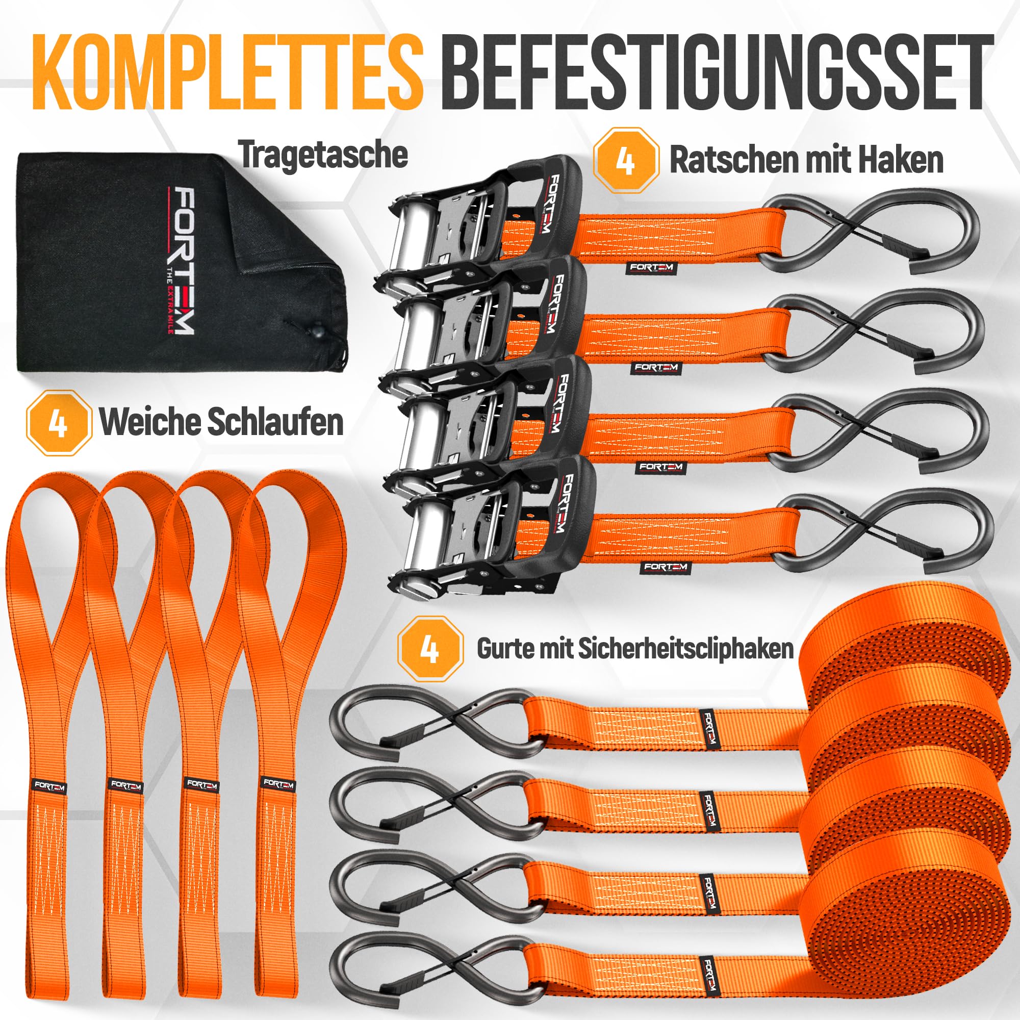 FORTEM Spanngurte mit Ratsche und Haken -Robustes 4er Spanngurt Set mit Zurrschlaufe–3,04m (2363 kg Bruchlast) -Spanngurte mit Haken (Kratzschutz Beschichtung), 4 Zurrgurte mit Ratsche, Komfortgriff