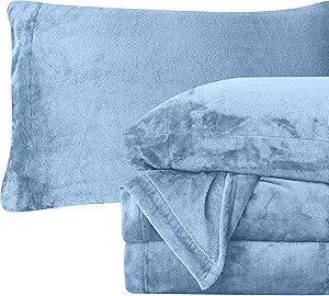 Elegant Comfort Luxuriously Soft 4-Piece Velvet Plush Flannel Sheet Set - Premium Quality - Cozy Warm, Anti-Static, Non Pilling Fuzzy Velvet Flannel Fleece Deep Pocket Sheet Set - Queen, Denim Blue