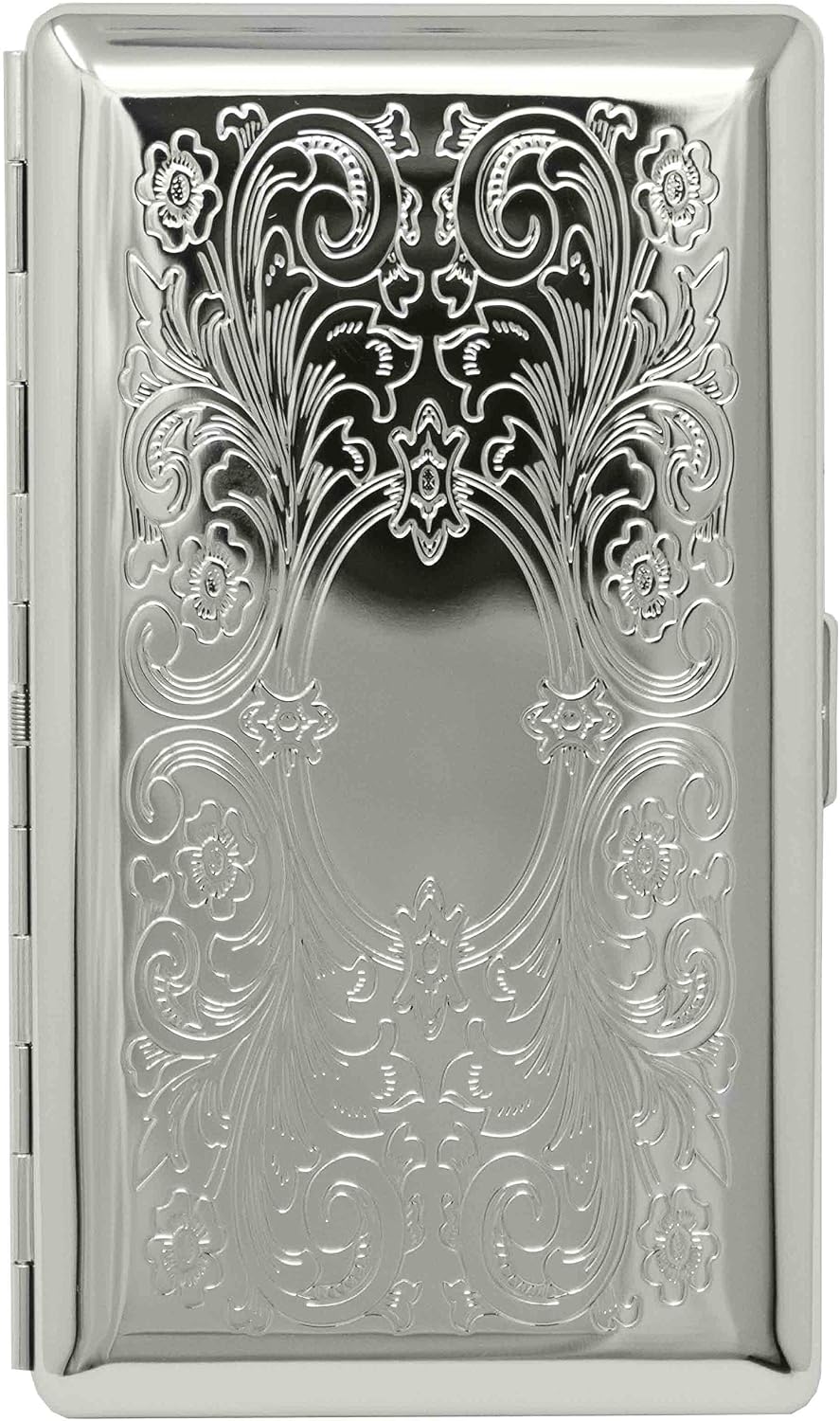 Silver Victorian Scroll (Half Pack 120s) Metal-Plated Cigarette Case & Stash Box with Mirror