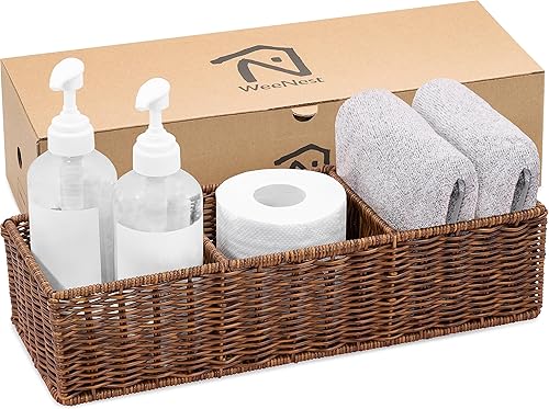 Cesta de mimbre con 3 compartimentos, almacenamiento de inodoro, encimera organizadora de baño, mimbre de resina, 1 unidad, caramelo