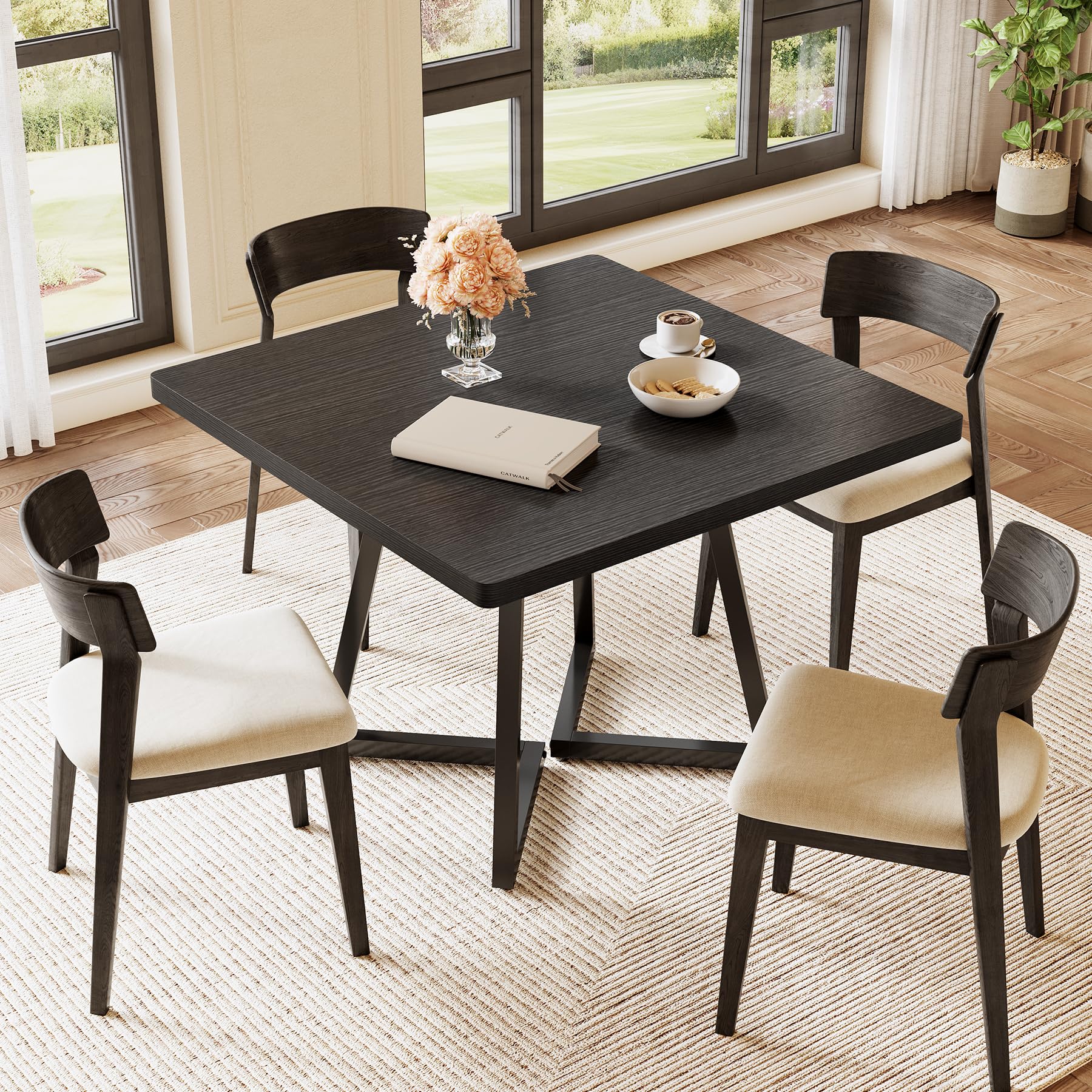 LITTLE TREE 80 cm Kleiner Esstisch für 4 Personen, quadratischer Esstisch für kleinen Raum, Esszimmertische, schwarzer Holz-Küchentisch mit Metallbeinen, moderner Freizeit-Café-Tisch für Wohnung