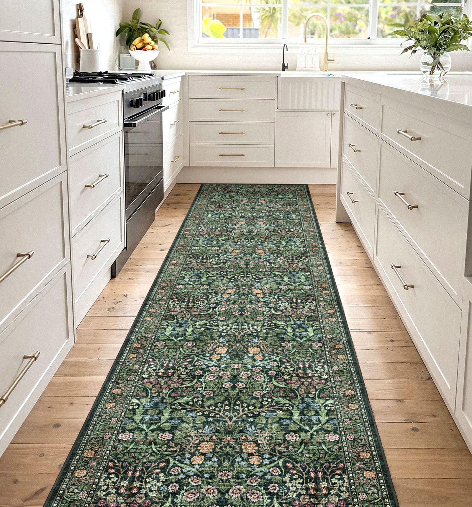 Othilic Non Slip Washable Kitchen Runner Rug - 2x8 Long Green Hallway Runner Rugs Soft Boho Runners for Hallways Vintage Floral Bedroom Rug Floor