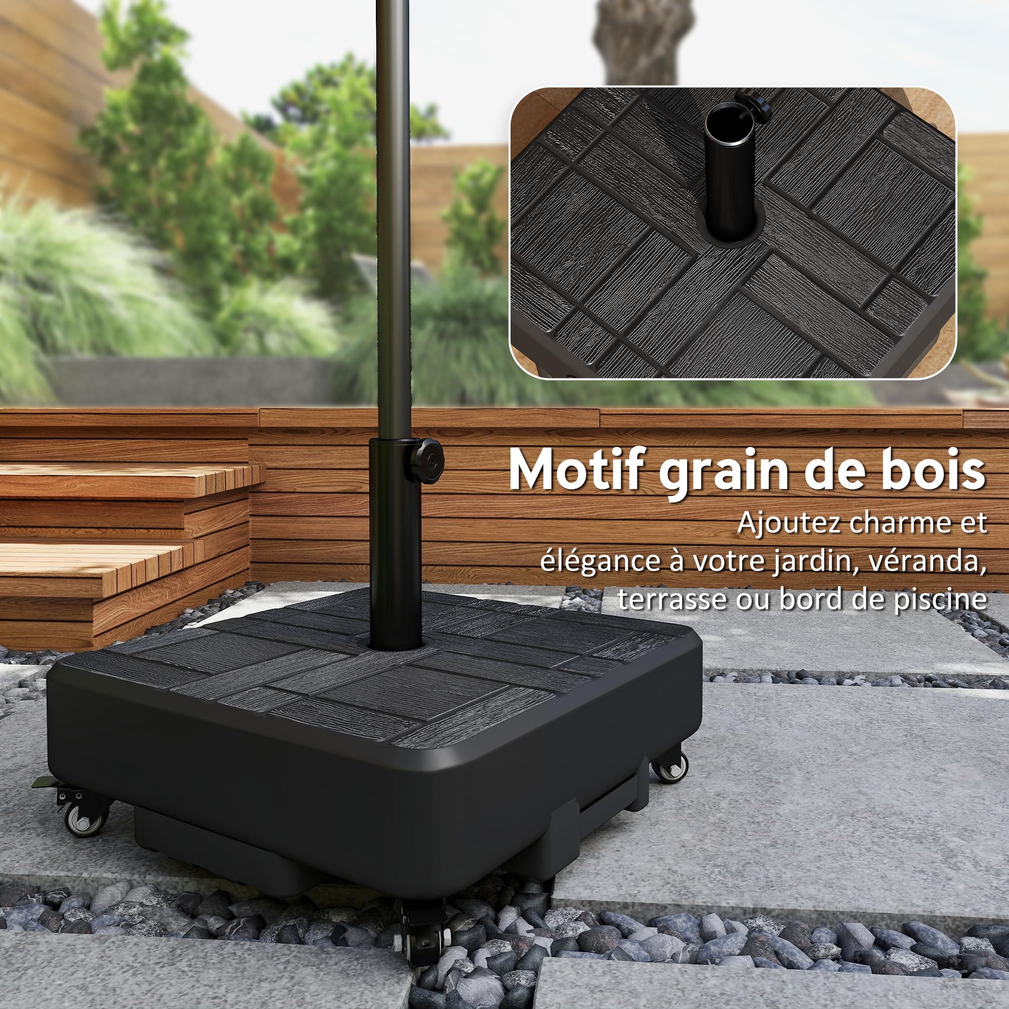 Outsunny Pied de Parasol Carré, Socle Parasol extérieur avec Roues Remplissable jusqu'à 35 kg avec Sable ou 28 L avec Eau, pour mât de Ø 38/48 mm, 48 x 48 x 38,5 cm, Noir