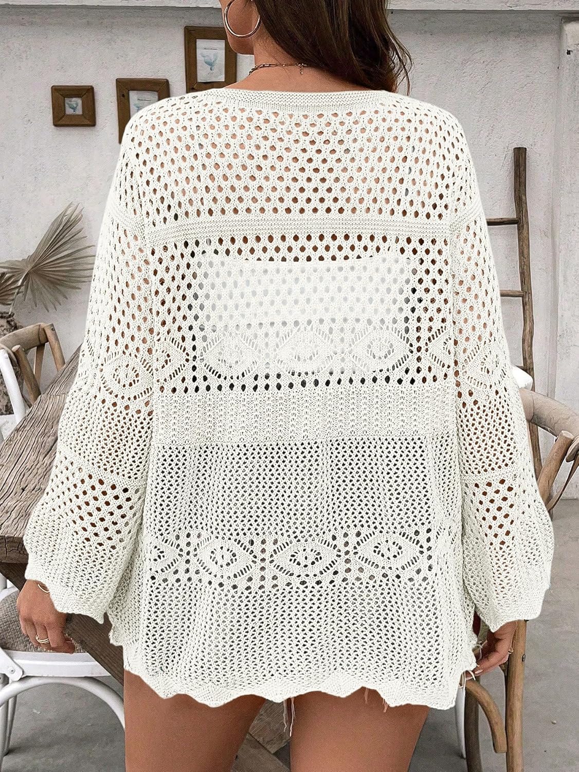 Women's Plus Size Lightweight Cardigans Tie Front Summer Crochet Long Sleeves Hollow Out Thin Cardigan - Image 4