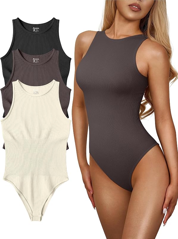 OQQ Women's 3 Piece Bodysuits Sexy Ribbed One Piece Sleeveless Halter Neck Tops Leotard Summer Trendy