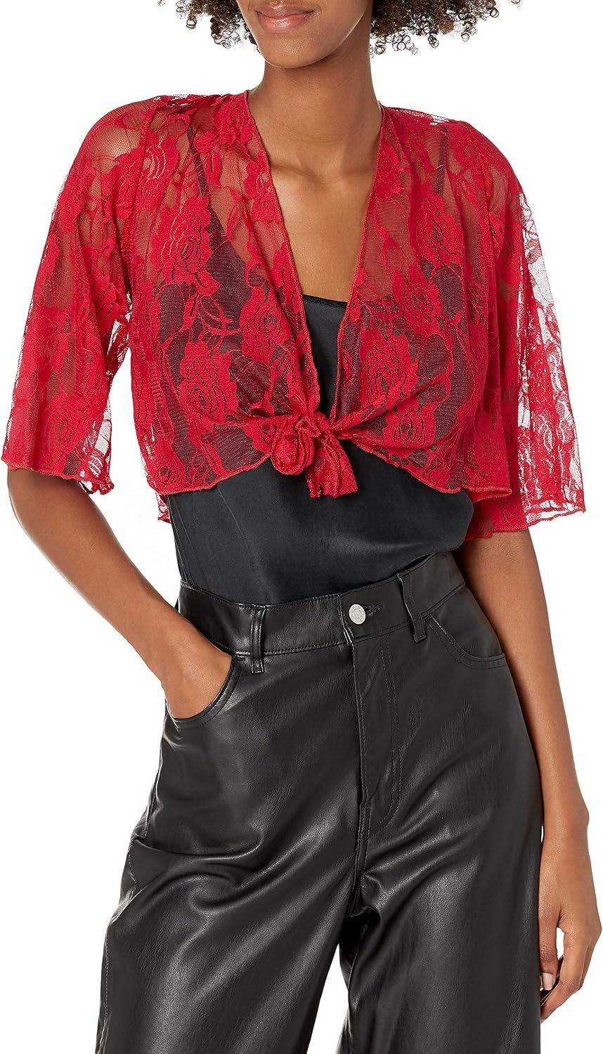 Star Vixen Women's 3/4 Sleeve Stretch Lace Tiefront Shrug Sweater