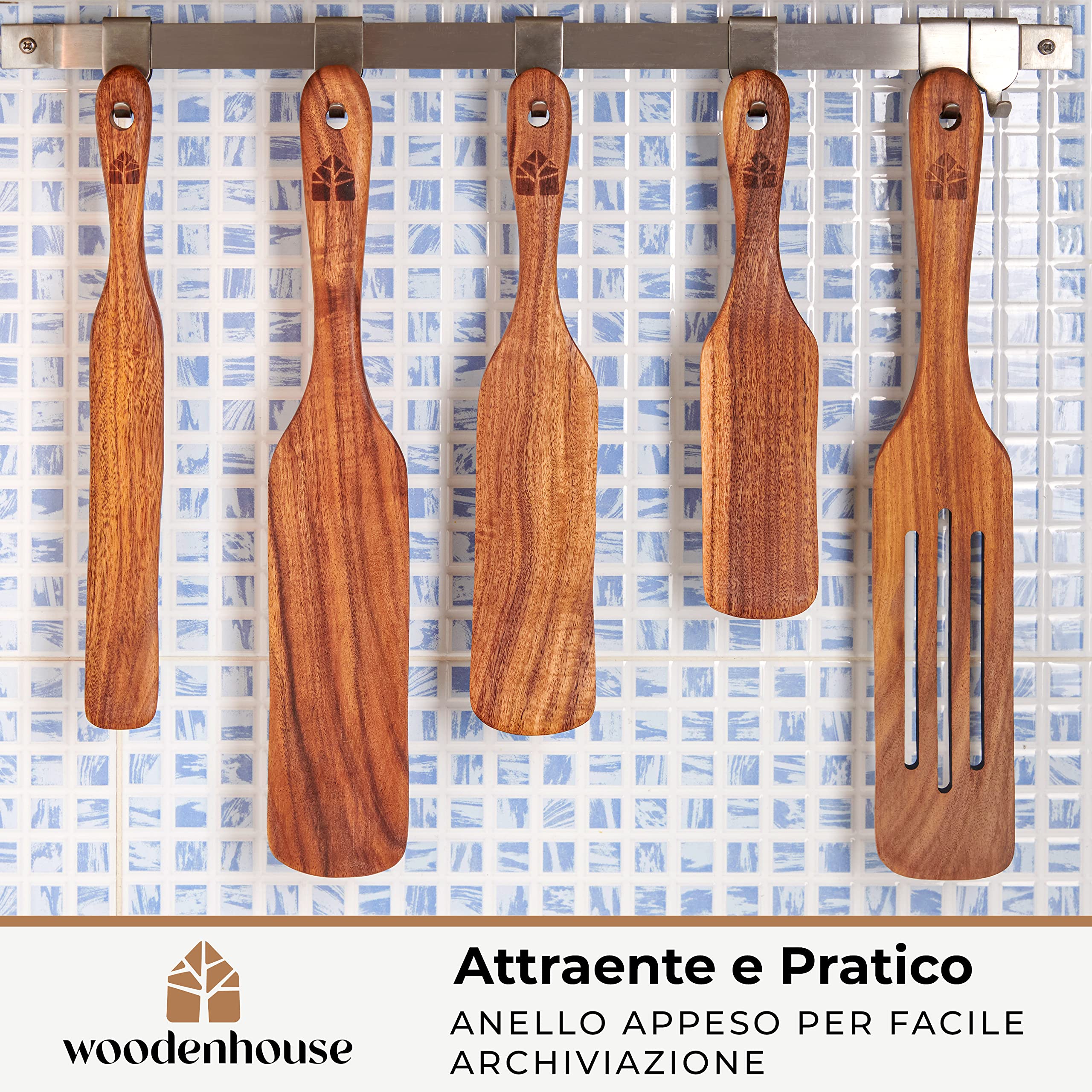 Set Spatole Spurtle Legno, Utensili Cucina Multiuso in Legno per Cucinare, Girare, Spalmare e Raschiare Alimenti, Fatte a Mano, Antigraffio, 5 pezzi